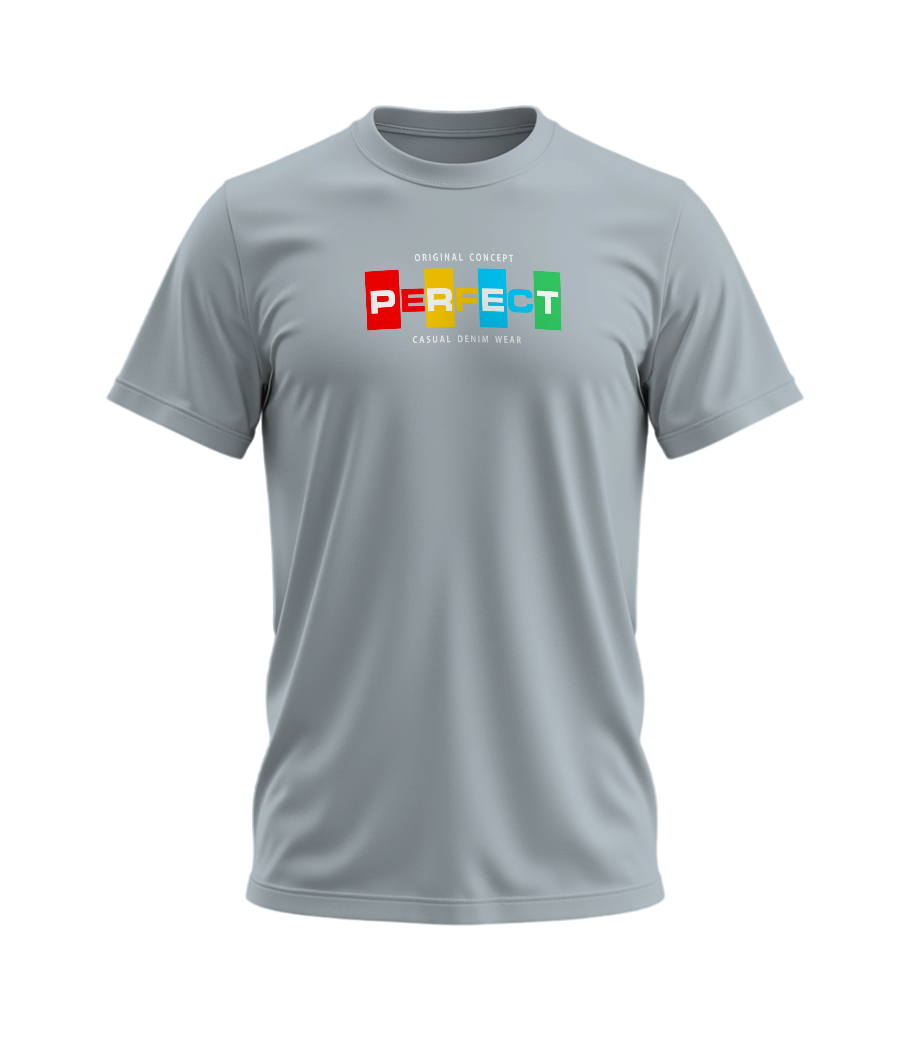 Gray t-shirt with colorful 'PERFECT' logo on a white background