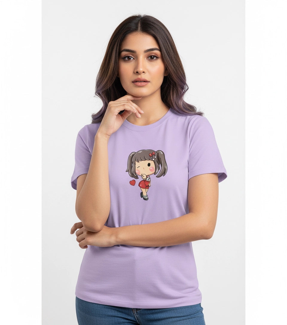 Woman wearing a purple t-shirt with a cartoon character on a white background