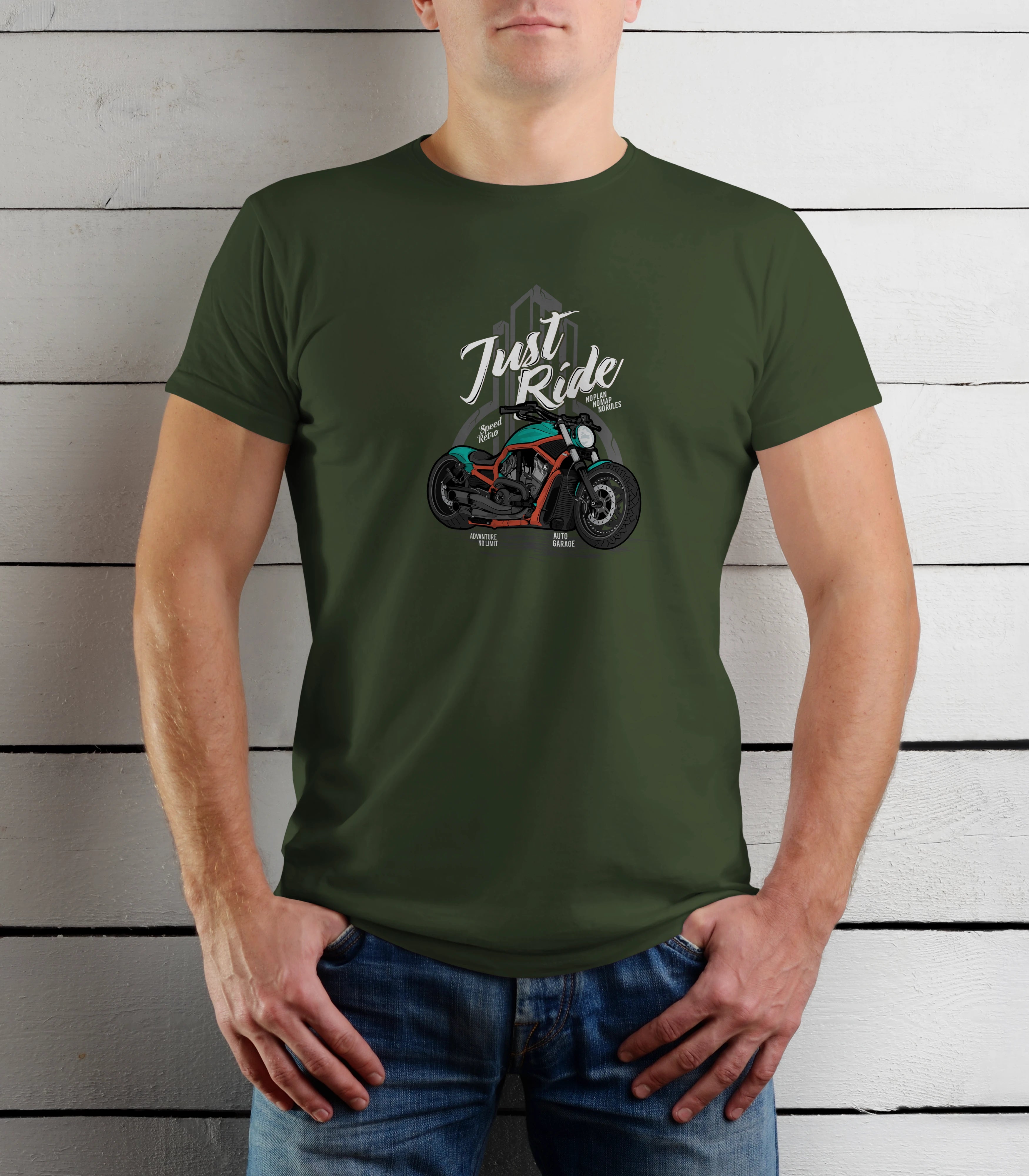 Person wearing a green t-shirt with a motorcycle graphic and 'Just Ride' text against a wooden background