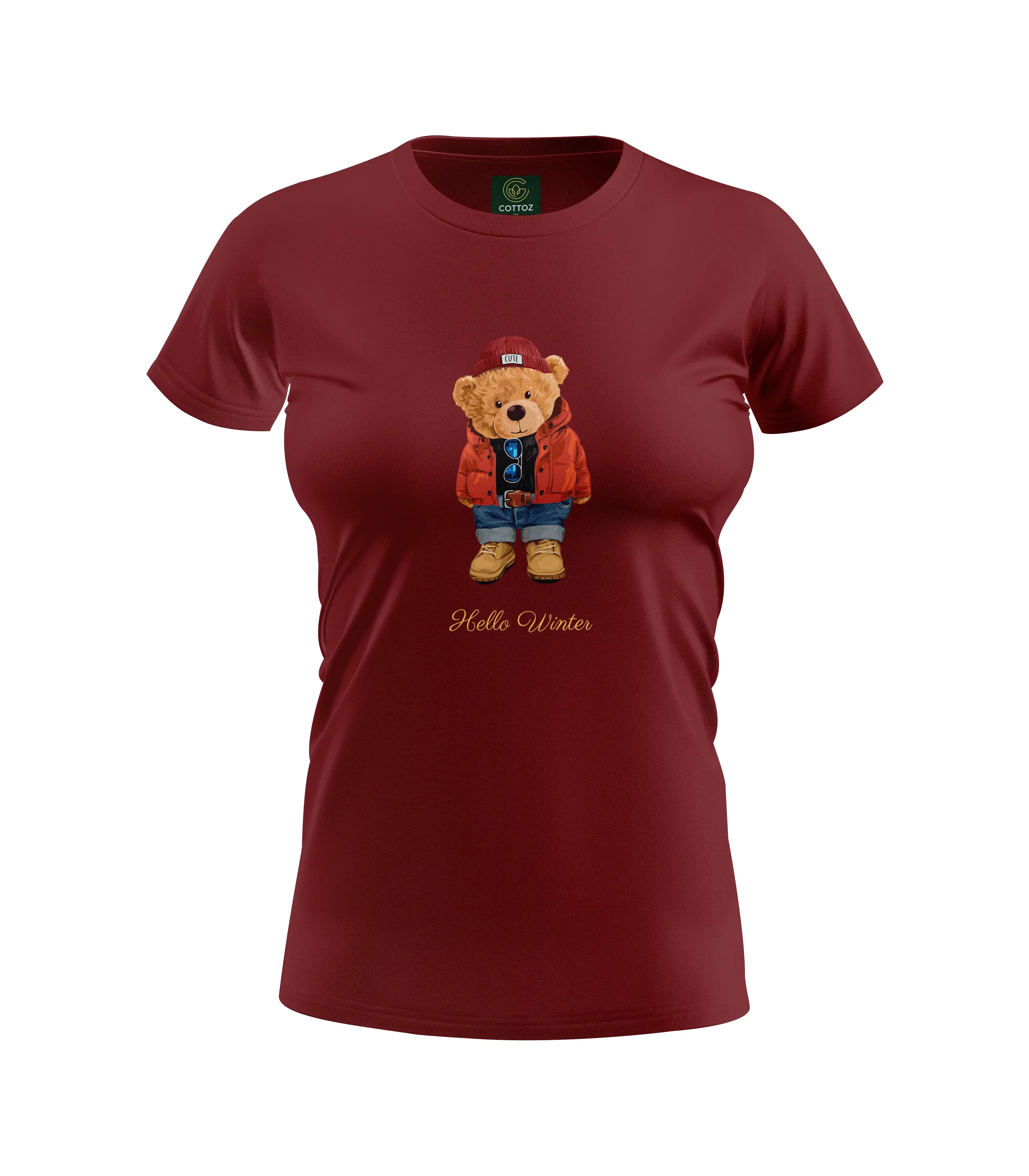 Maroon t-shirt with a bear graphic and 'Hello Winter' text on a white background