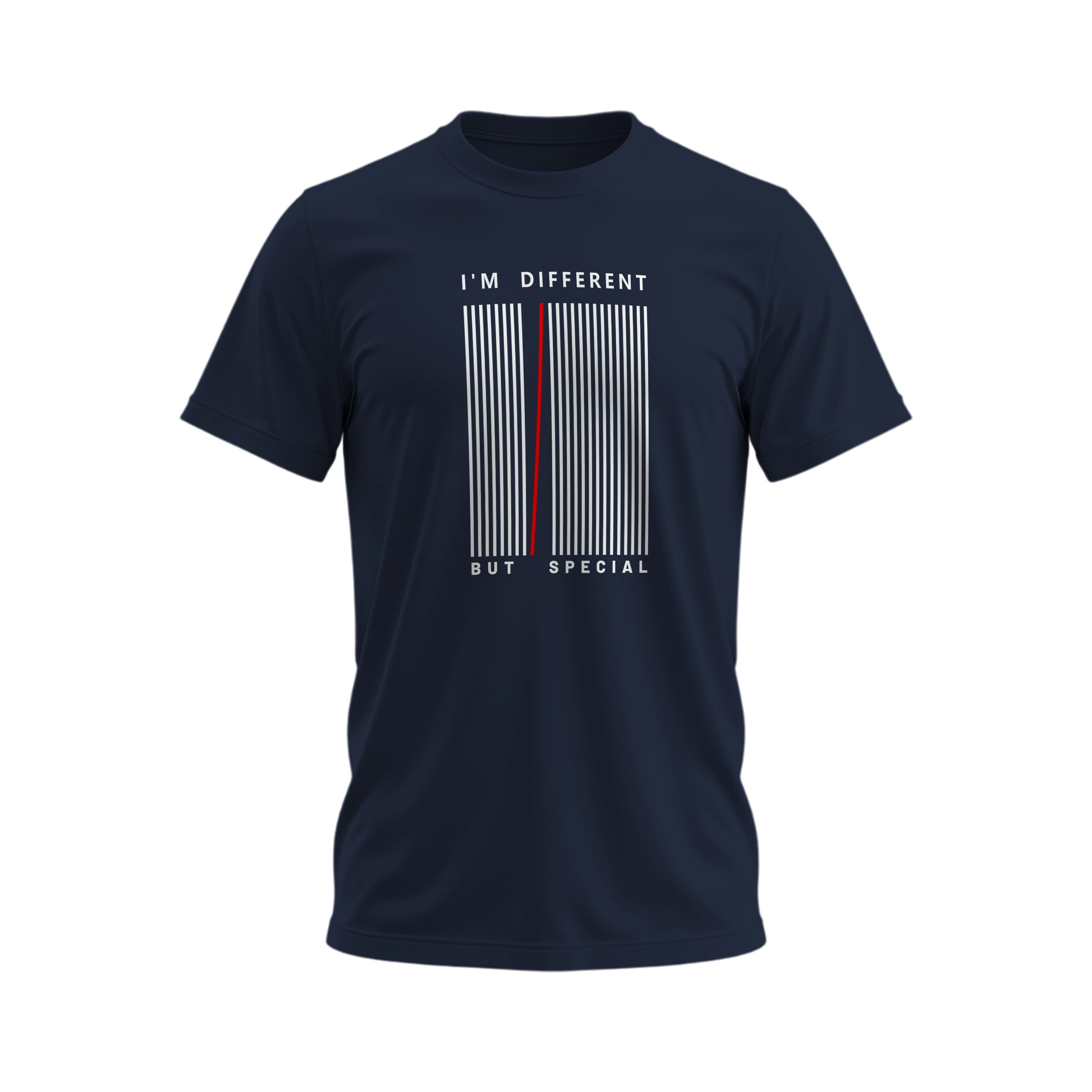Navy blue t-shirt with a barcode design and text on a white background