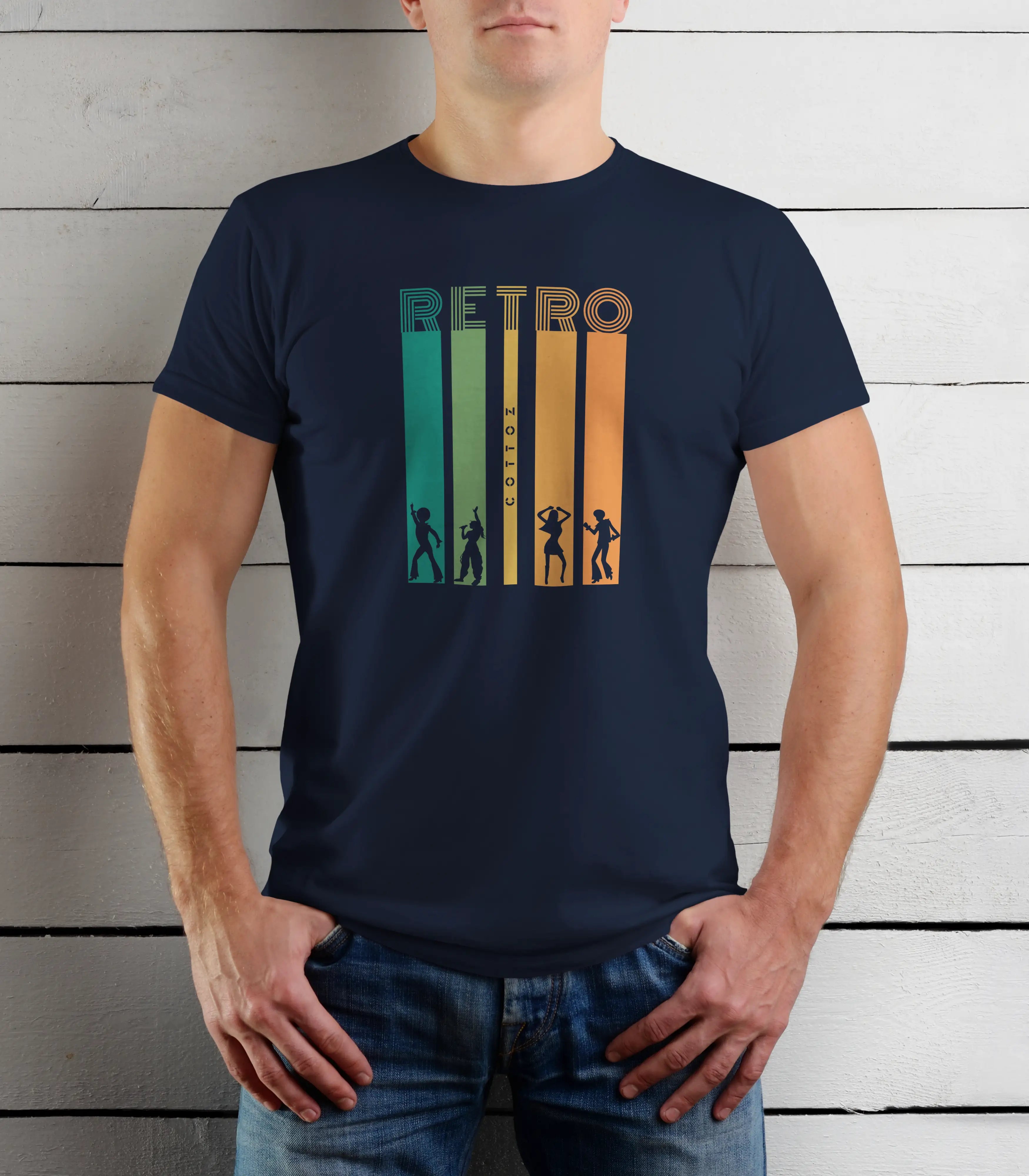 Person wearing a brown t-shirt with 'Retro' design against a wooden background