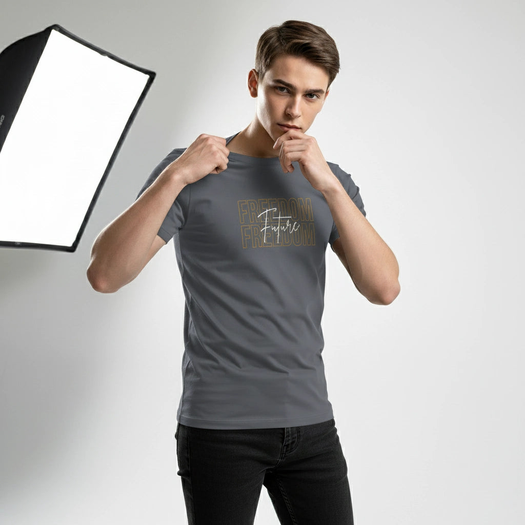 Person wearing a gray t-shirt with text, standing in front of studio lighting equipment.