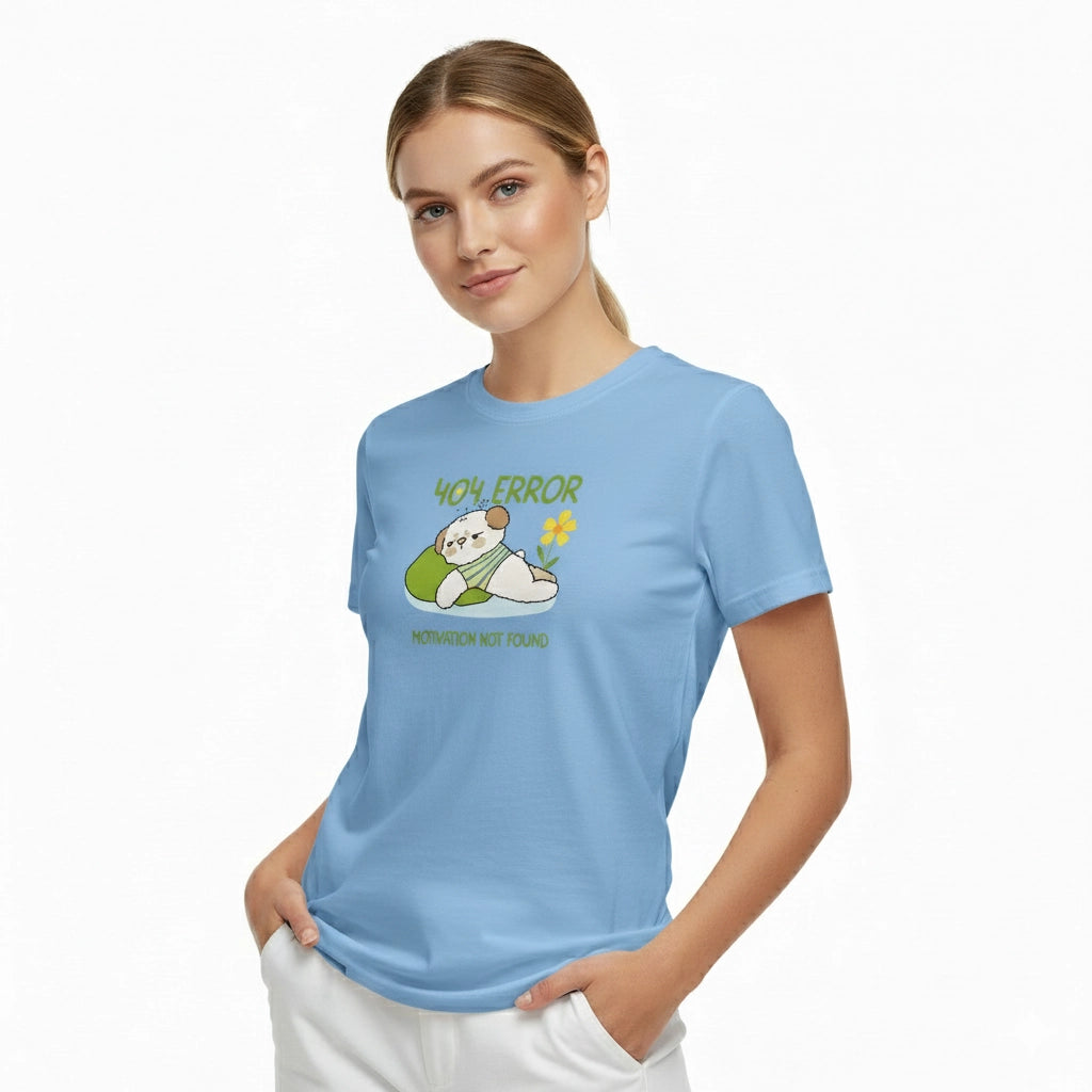Woman wearing a light blue t-shirt with a graphic design on a white background