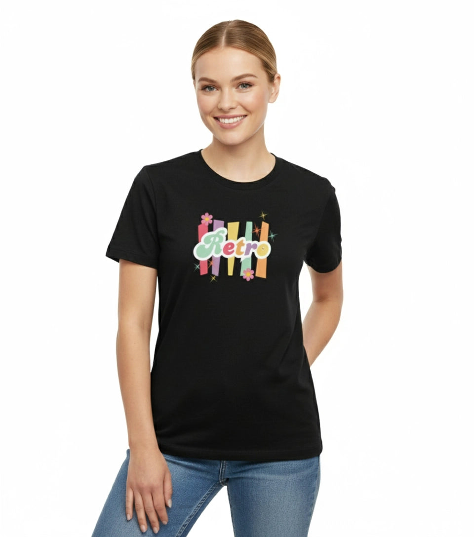 Woman wearing a black t-shirt with colorful 'Retro' design on a white background