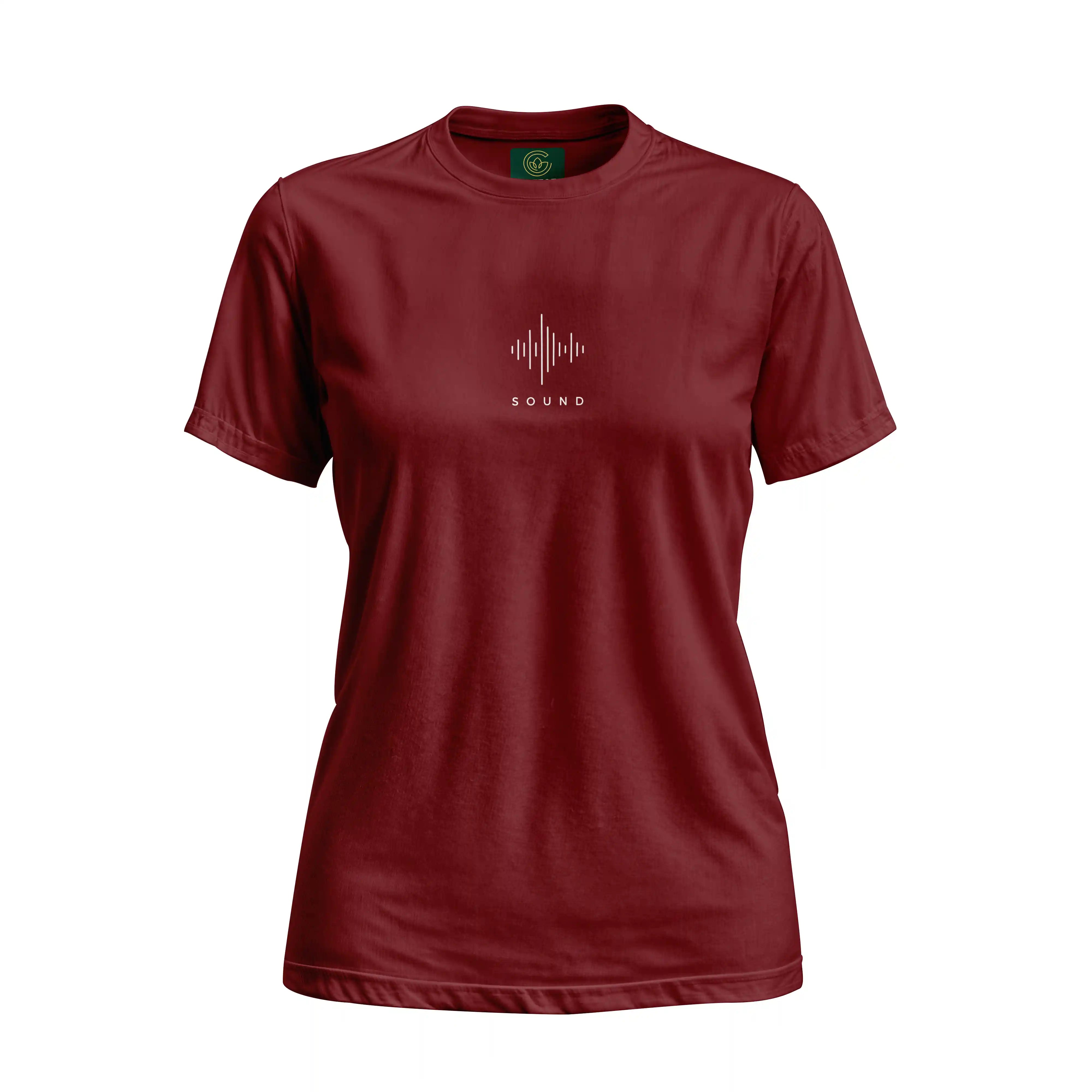 Maroon t-shirt with a sound wave design and 'SOUND' text on a white background