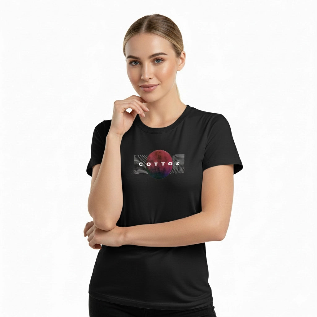 Woman wearing a black t-shirt with a colorful design and 'COTTOZ' text on a white background