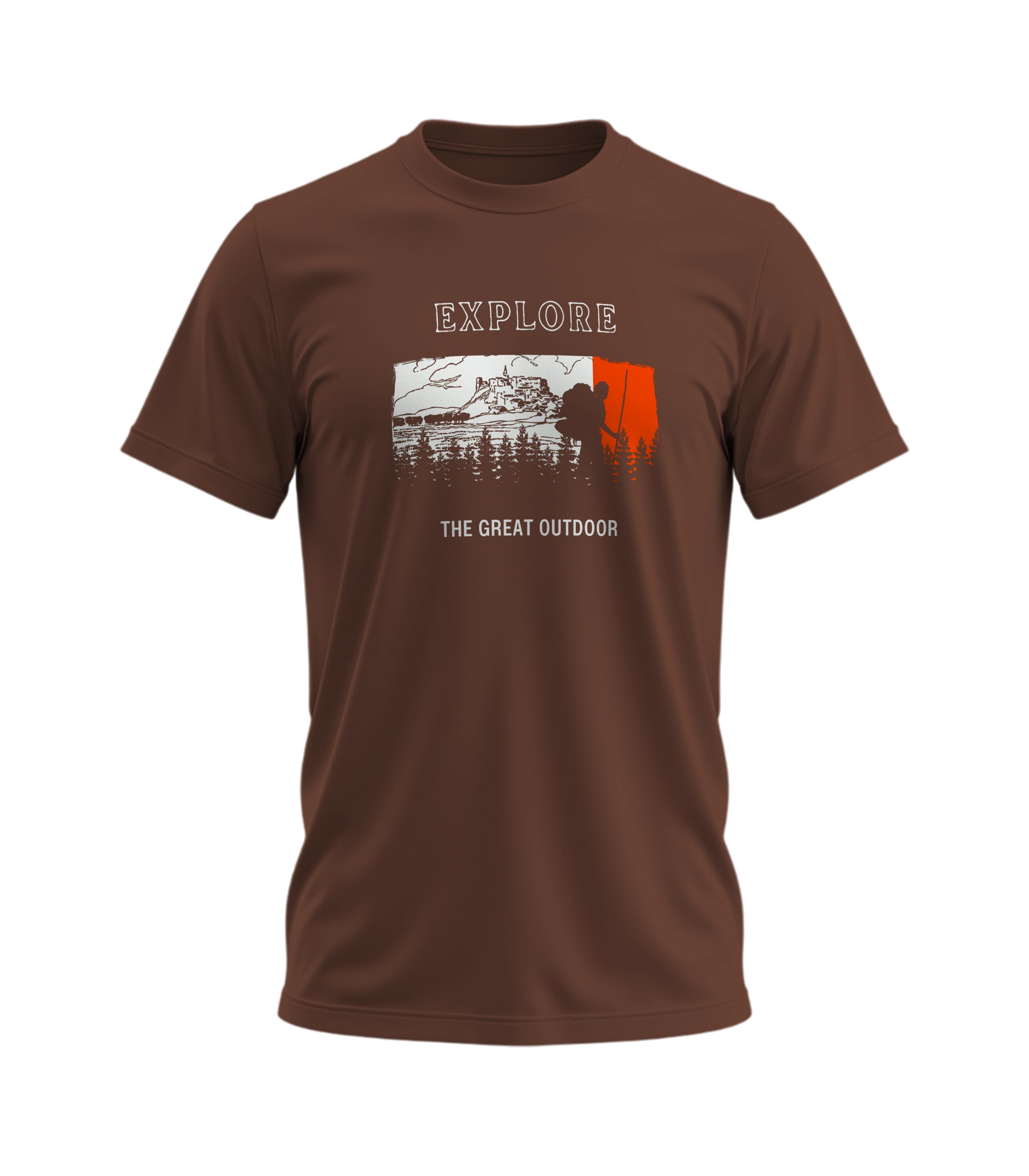 Brown t-shirt with outdoor graphic and text on a white background