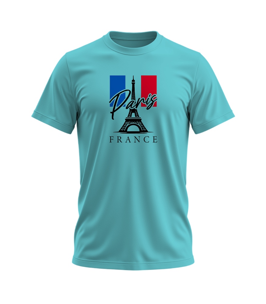 Light blue t-shirt with Paris and France design on a white background