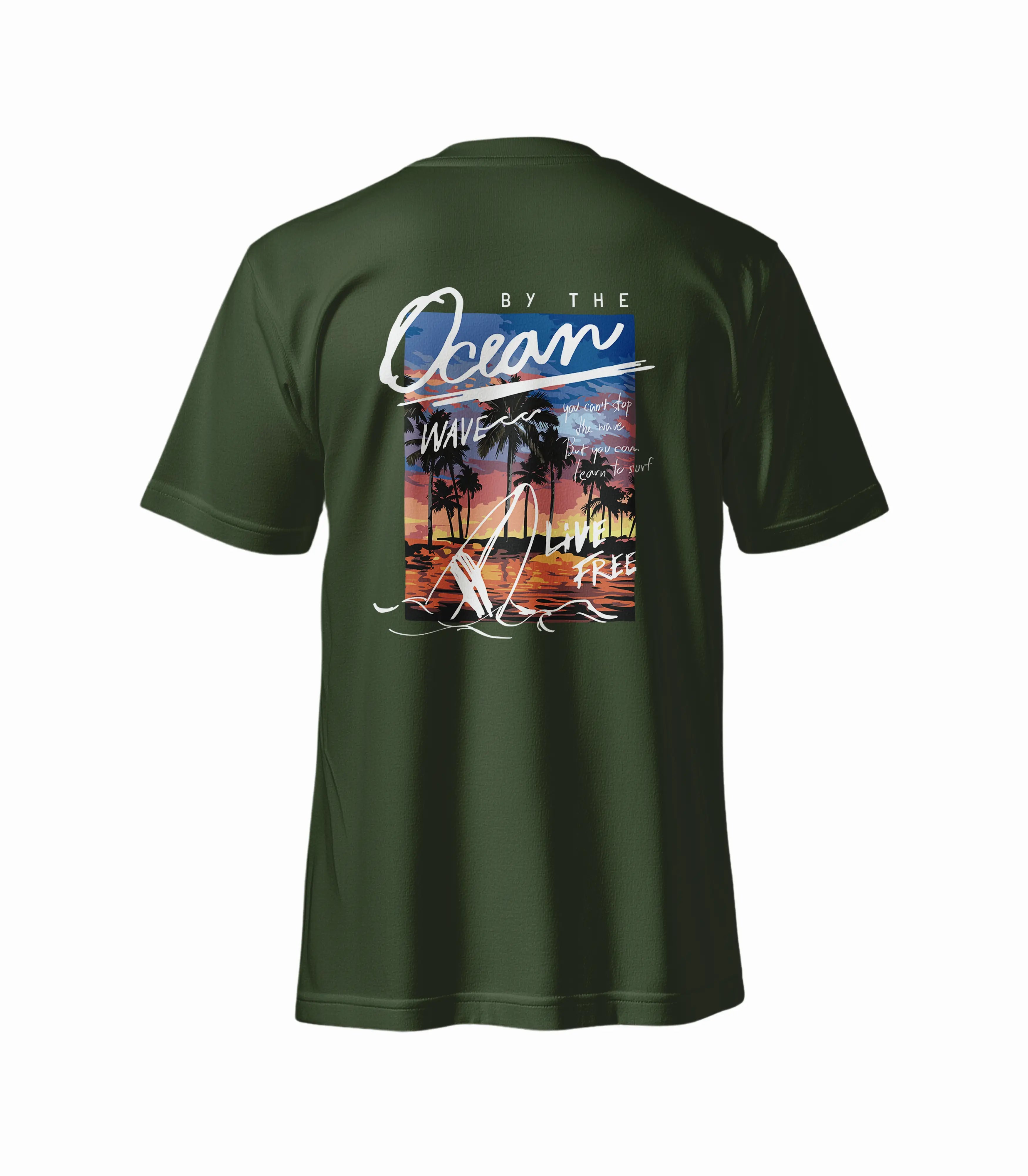 Green t-shirt with a beach-themed design on the back, featuring palm trees and sunset.