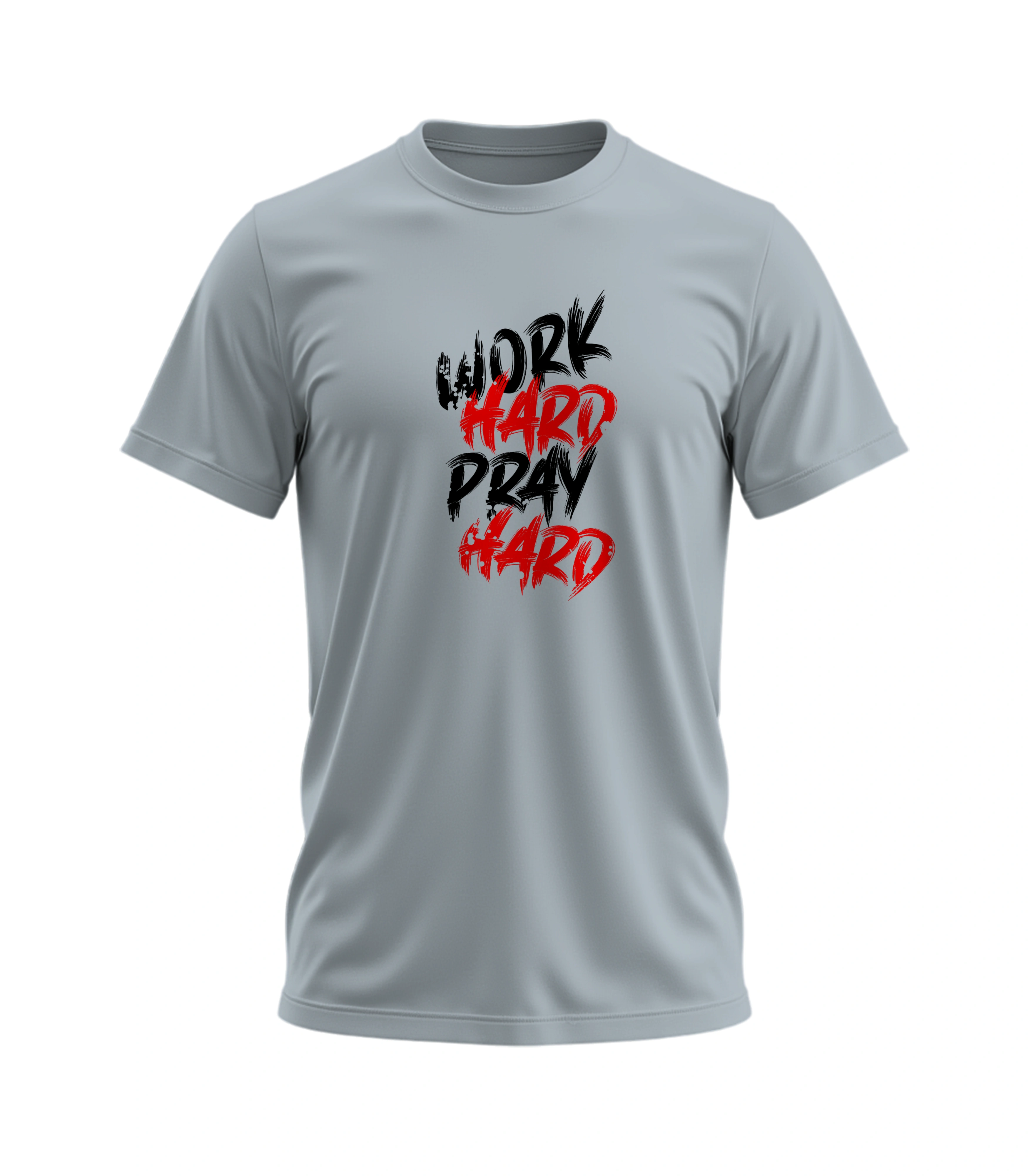 Gray t-shirt with 'Work Hard Pray Hard' text in black and red on a white background