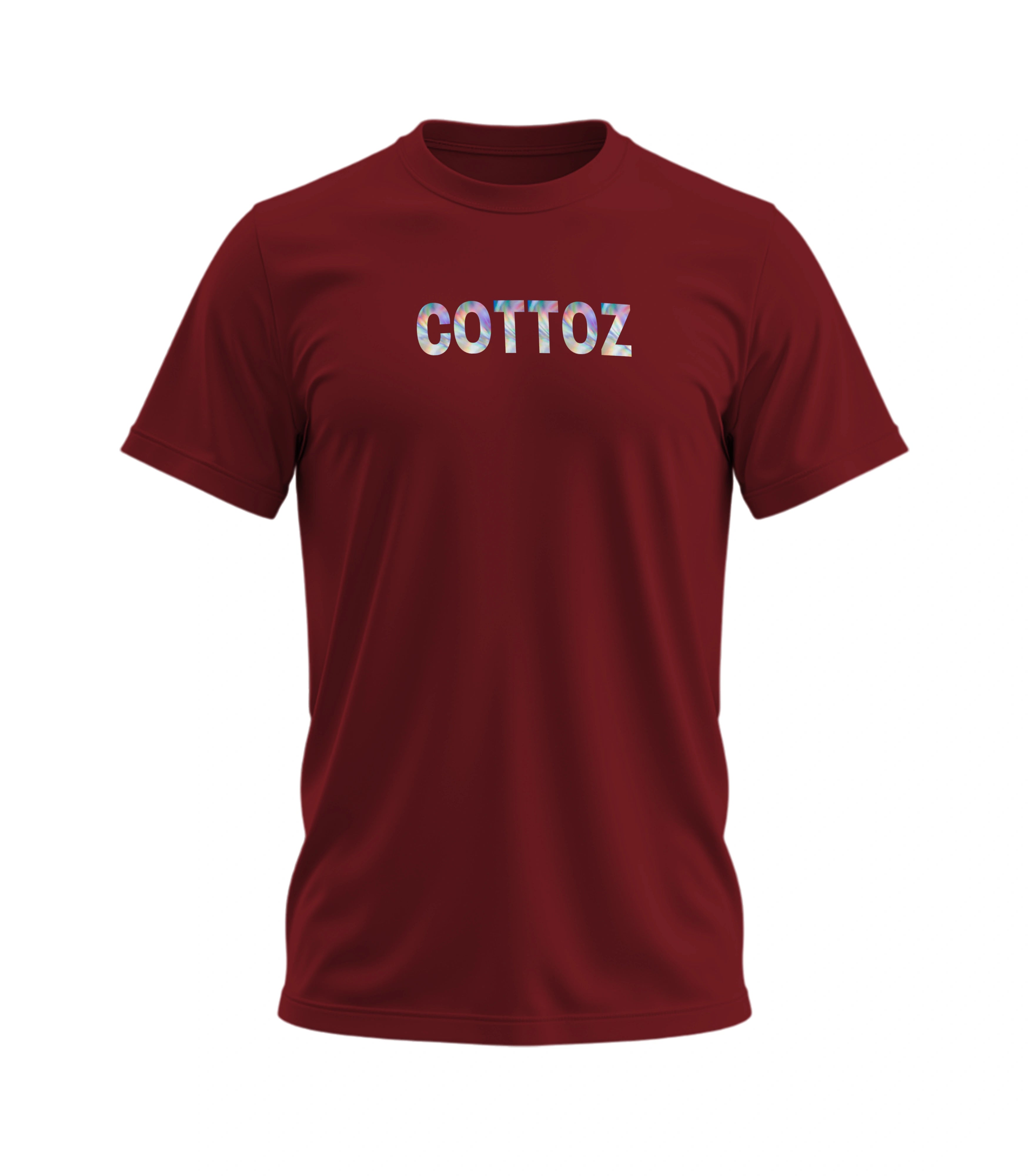Maroon t-shirt with 'COTTOZ' text on a white background