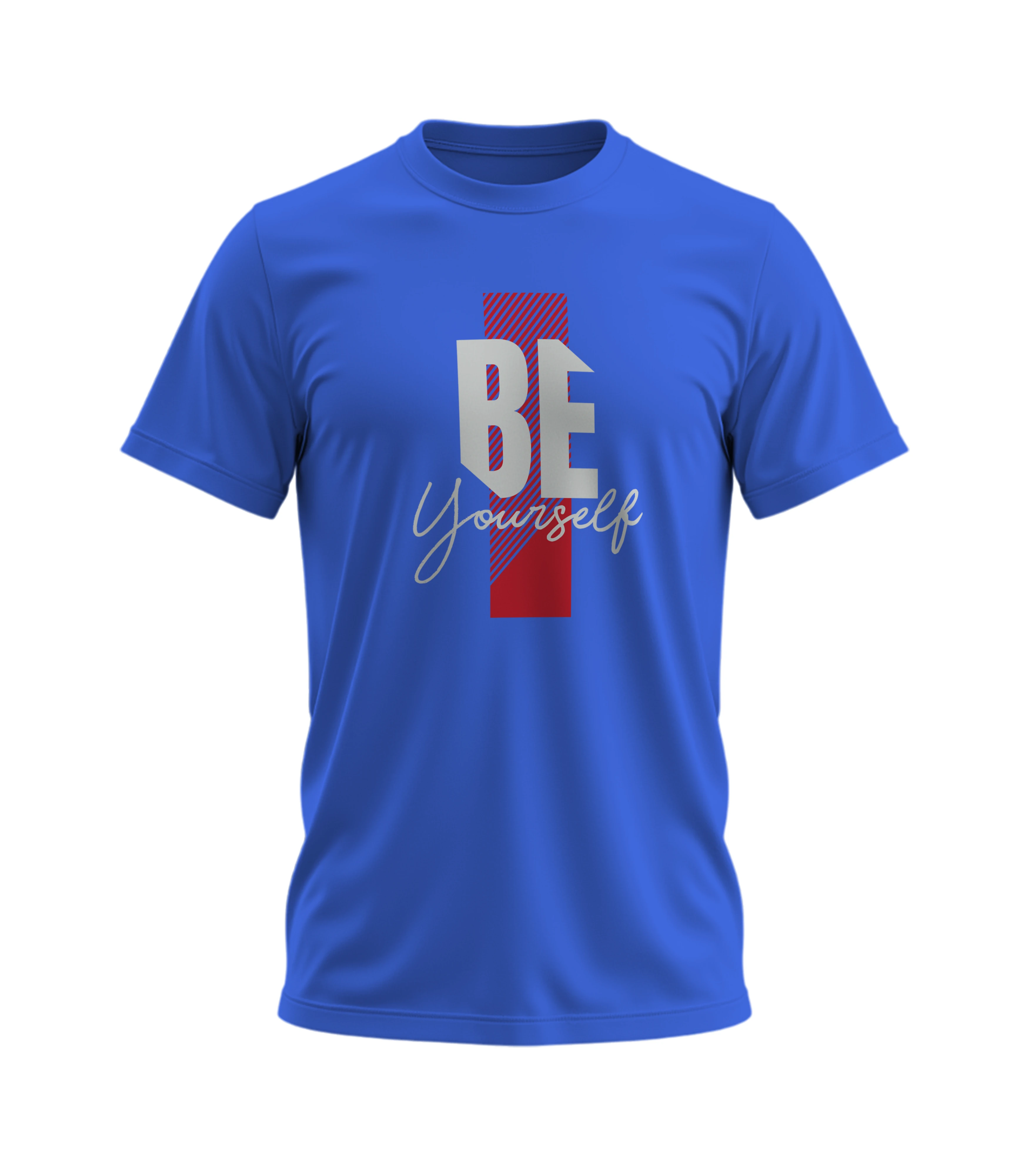 Blue t-shirt with 'BE Yourself' text design on a white background