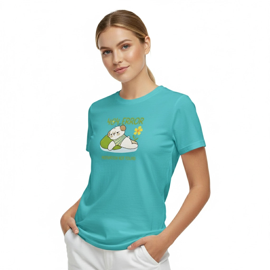Woman wearing a turquoise t-shirt with a graphic design on a white background