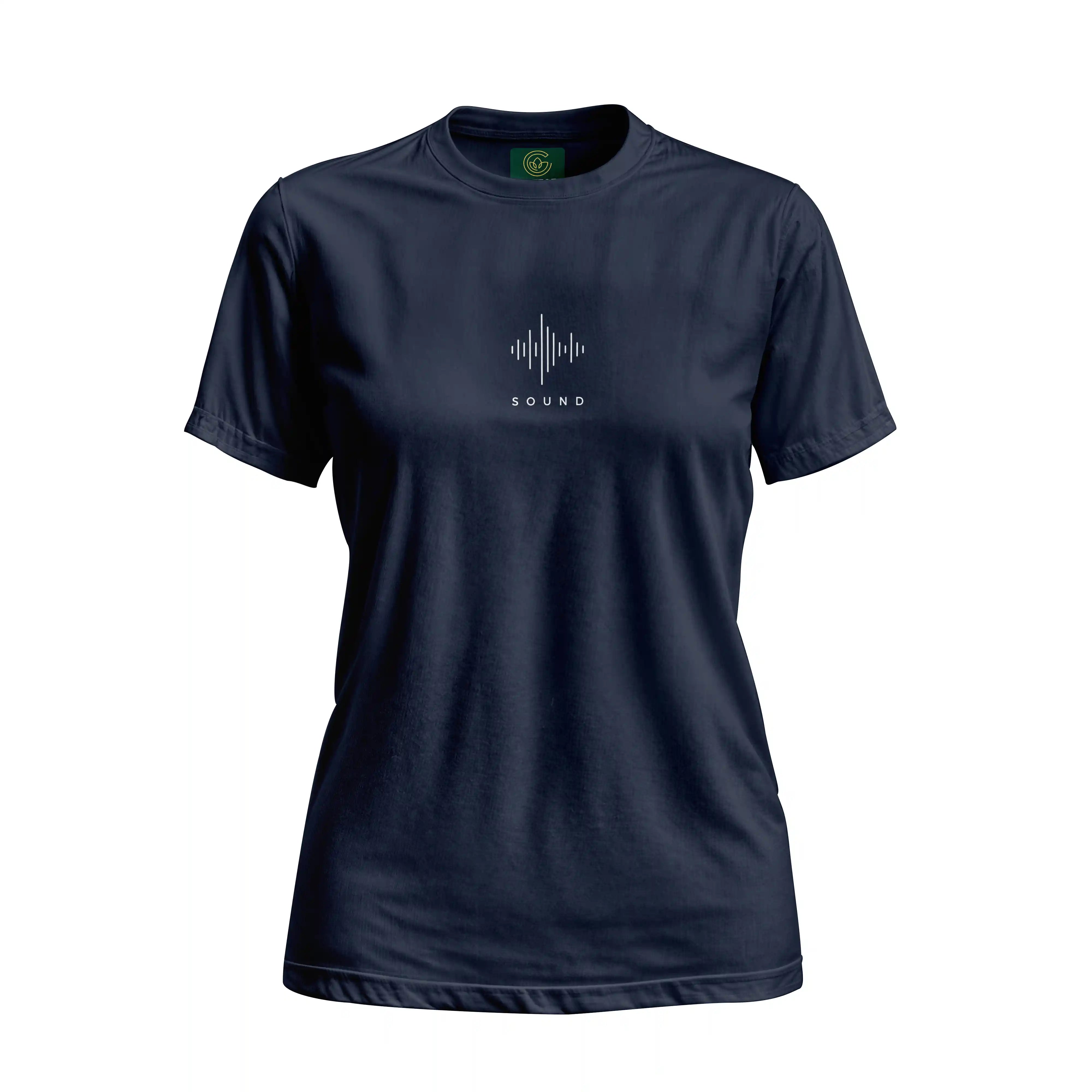 Navy blue t-shirt with a sound wave design and 'SOUND' text on a white background