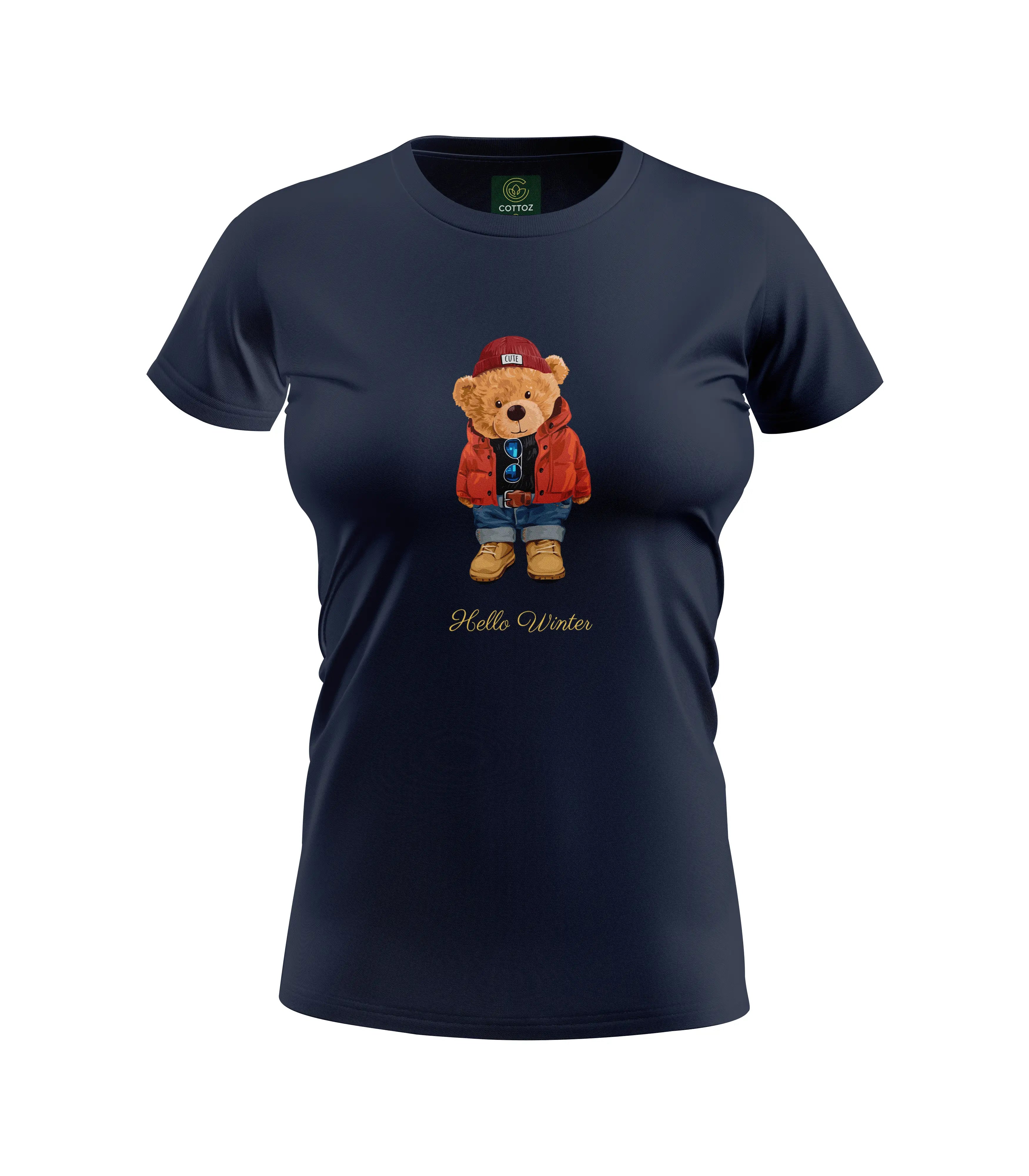 Navy blue t-shirt with a bear graphic and 'Hello Winter' text on a white background