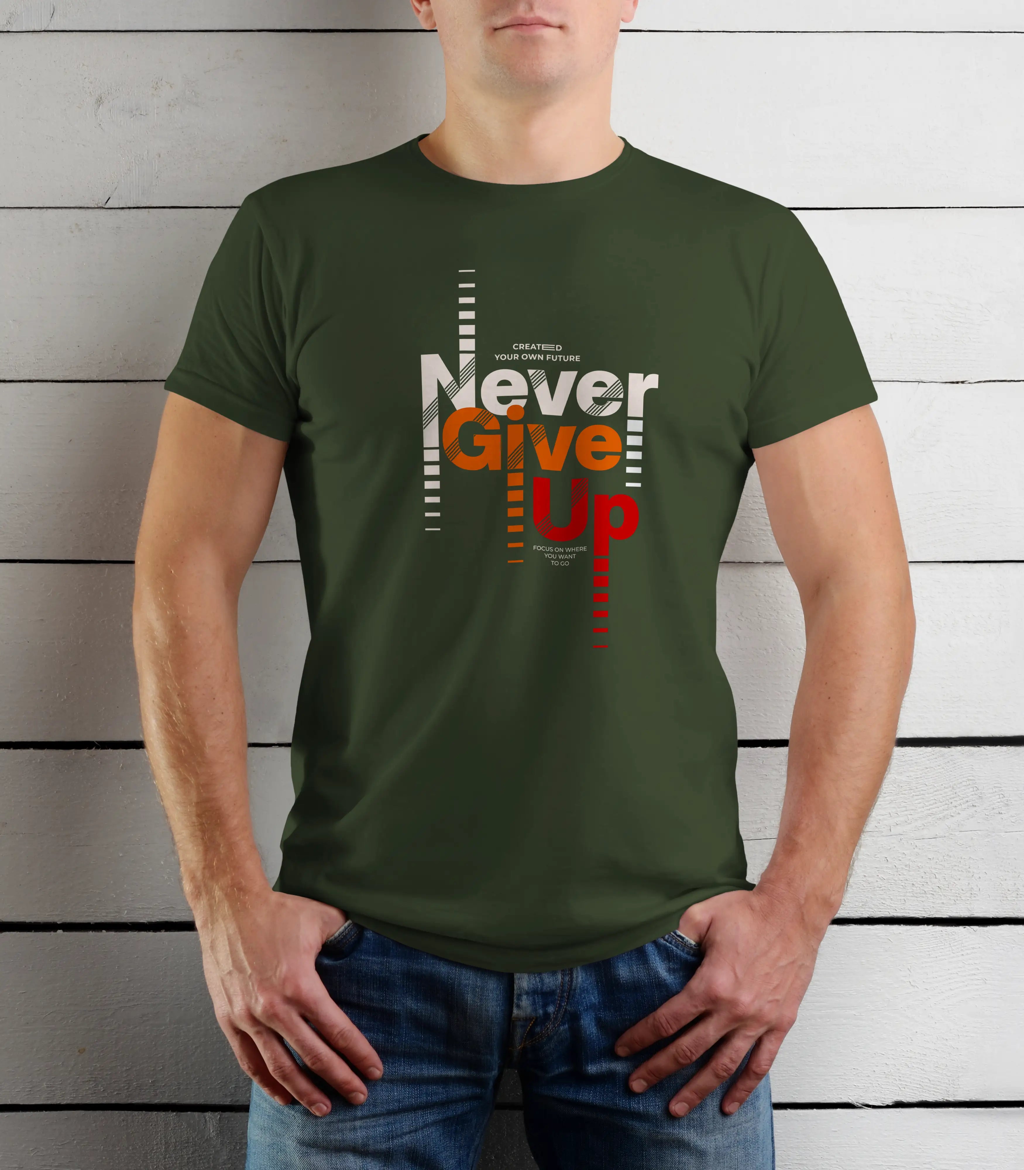 Person wearing a green t-shirt with 'Never Give Up' text against a wooden background