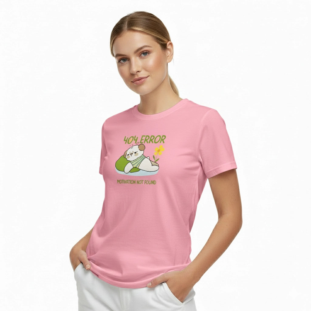 Woman wearing a pink t-shirt with a graphic design on a white background