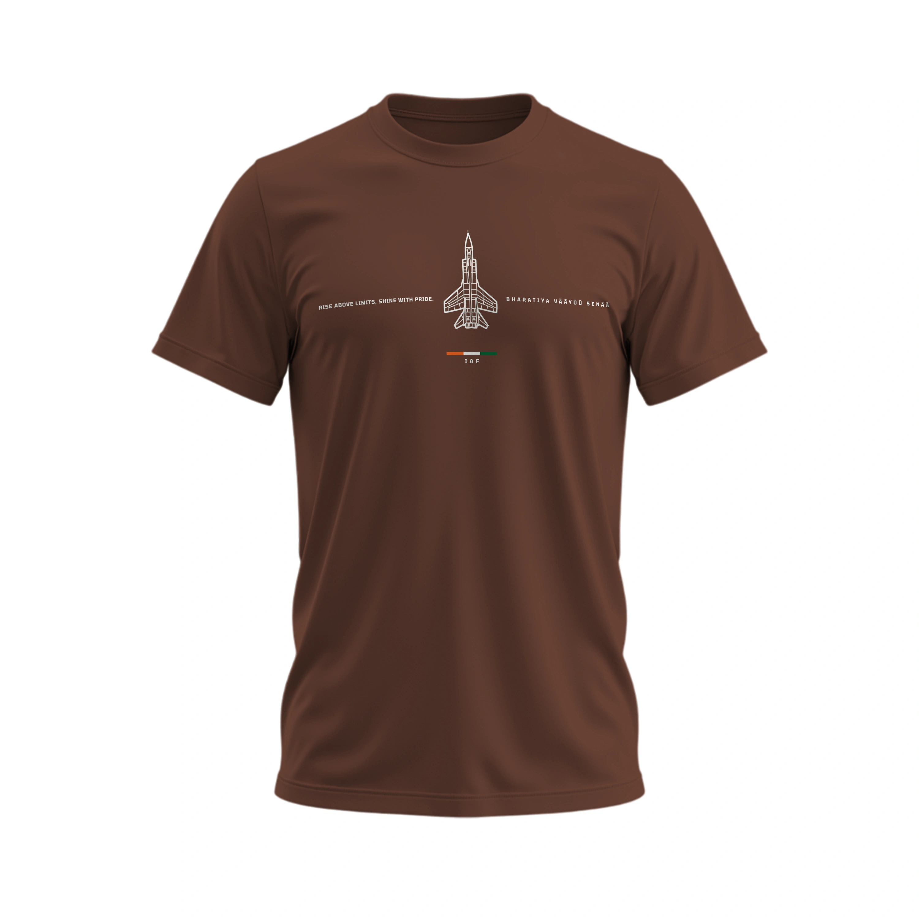 Brown t-shirt with a graphic design on a white background