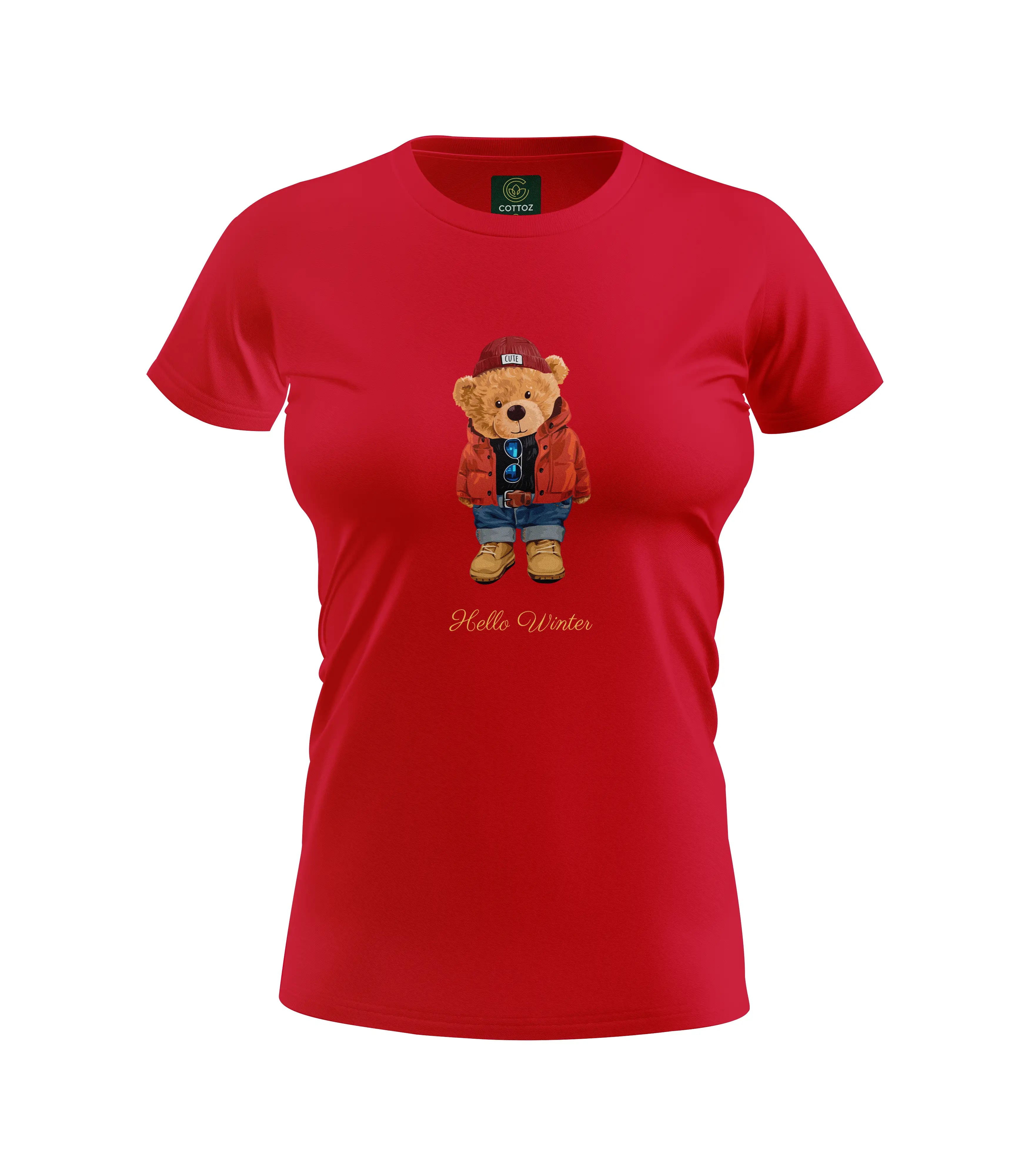 Red t-shirt with a bear graphic and 'Hello Winter' text on a white background