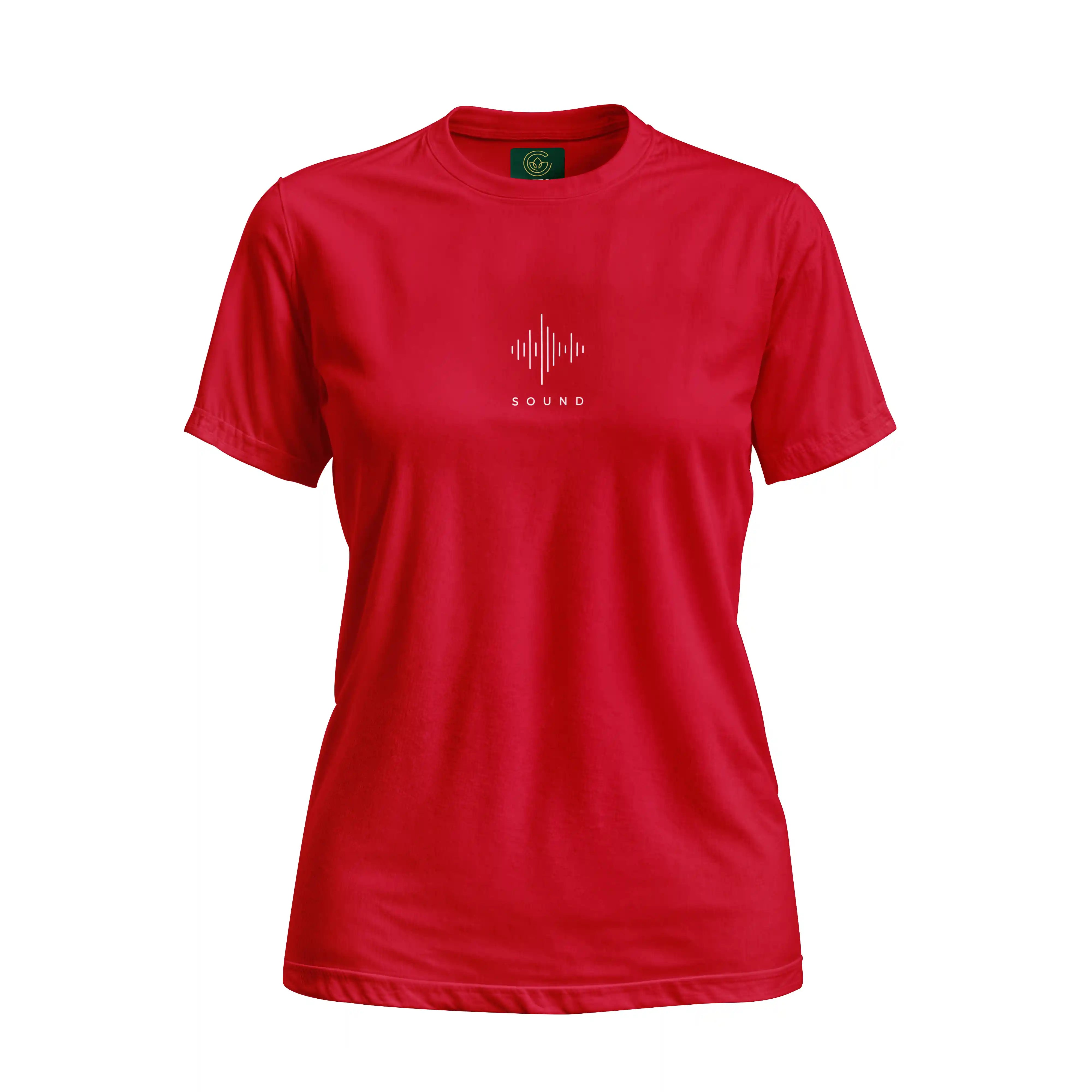 Red t-shirt with a white graphic and text on a white background