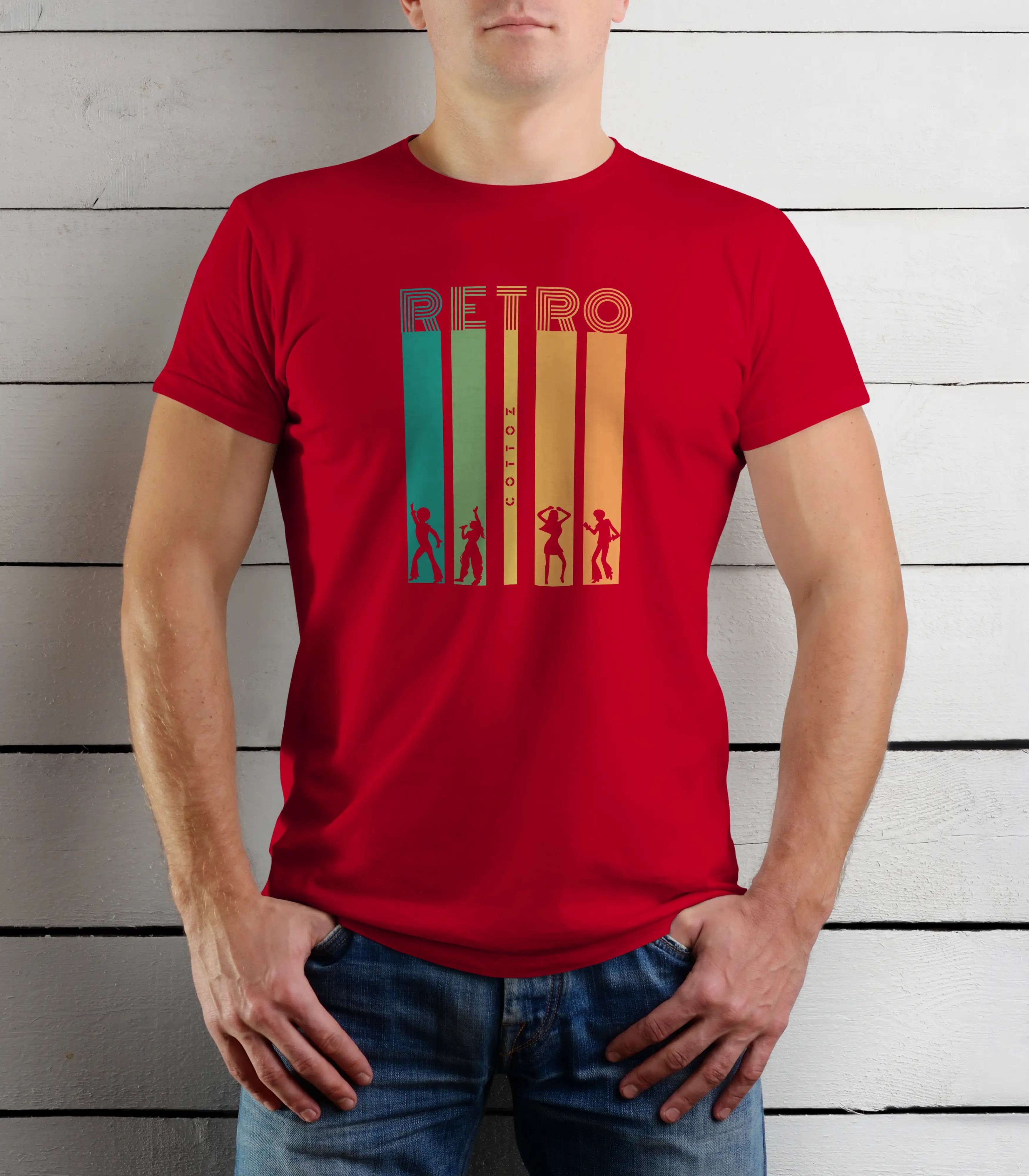 Person wearing a red t-shirt with 'Retro' design against a wooden background
