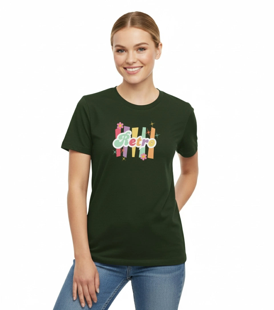 Woman wearing a dark green t-shirt with colorful 'Retro' design on a white background