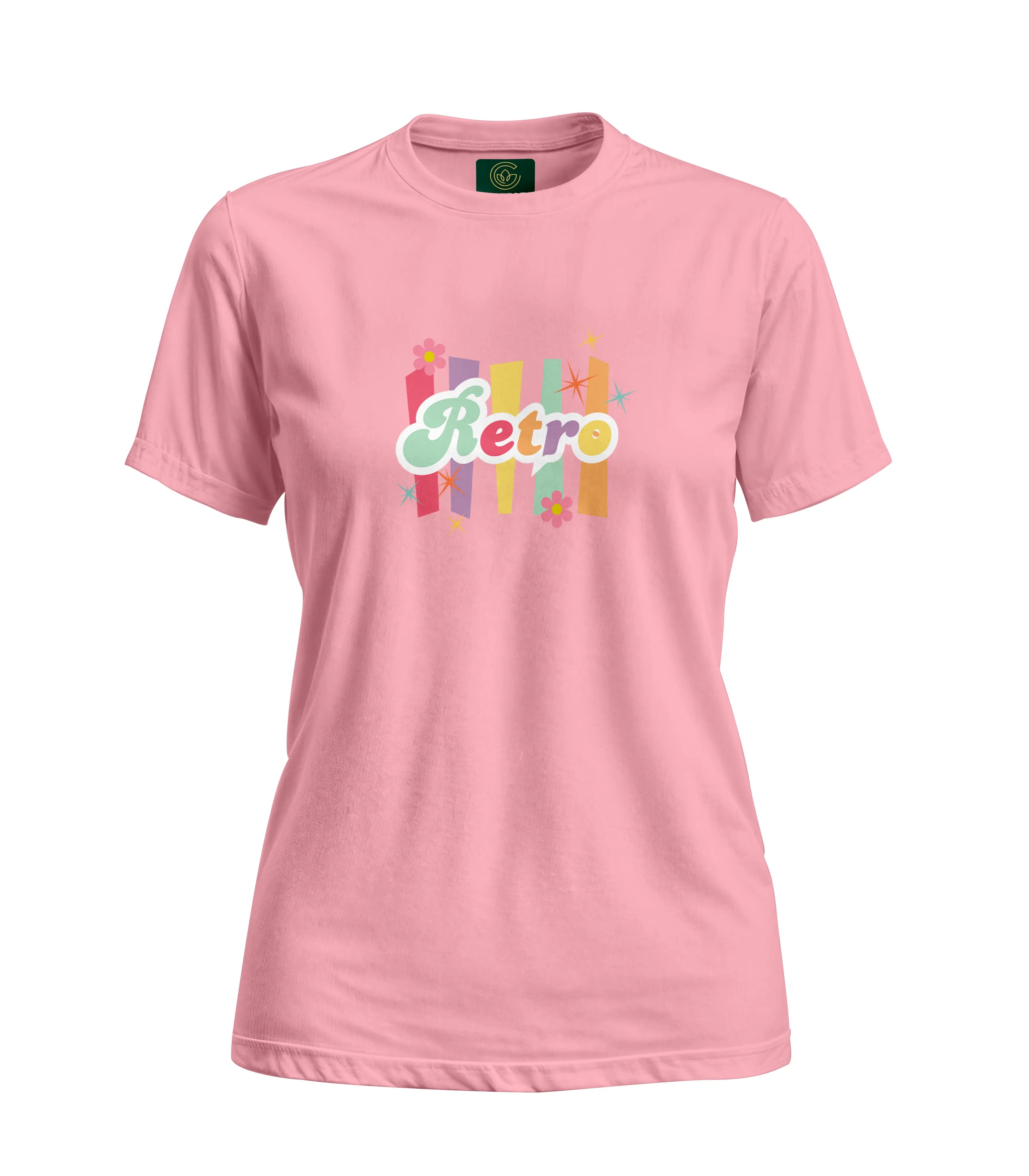 Pink t-shirt with 'Retro' design on a white background