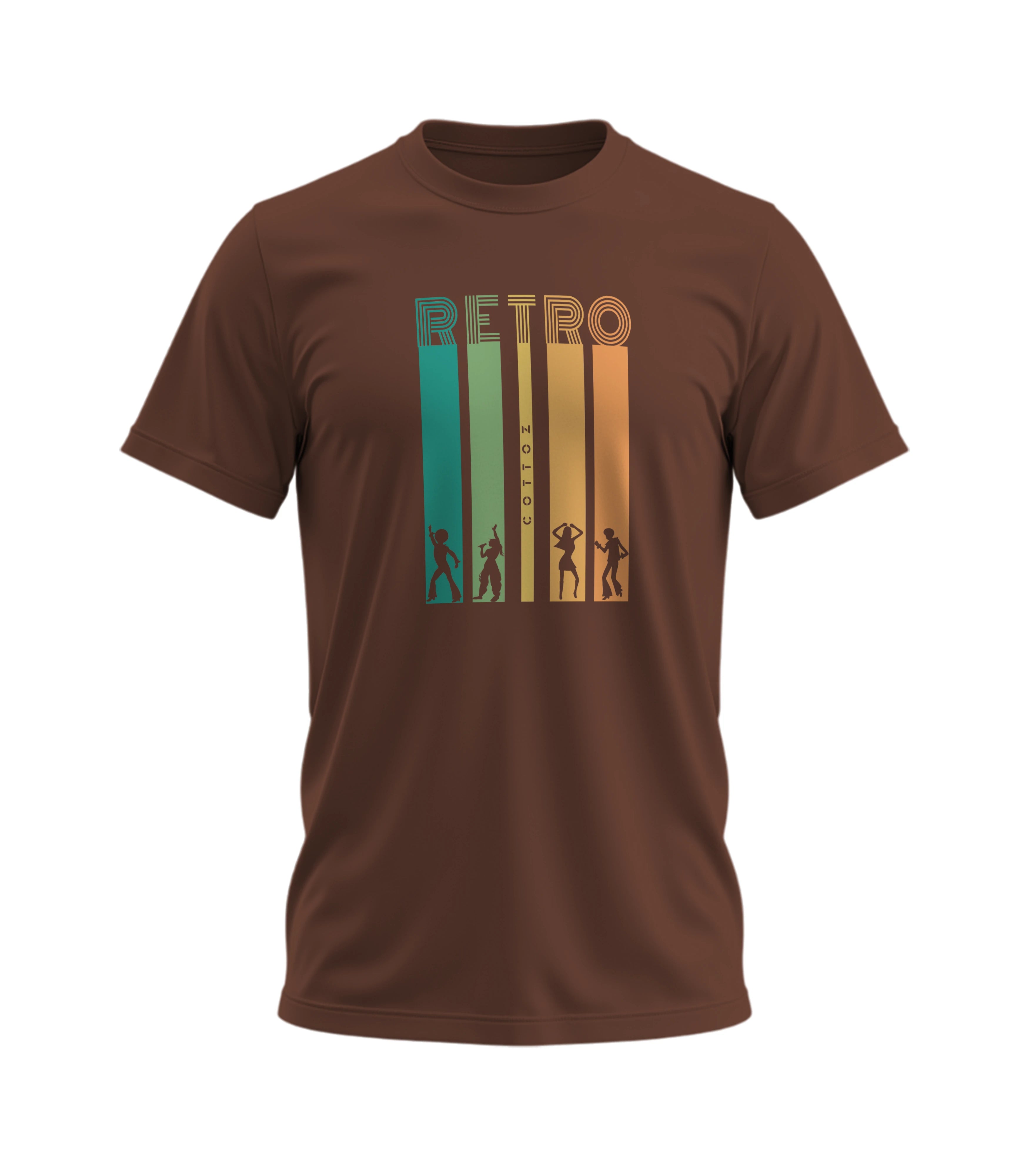 Brown t-shirt with retro design featuring silhouettes and 'Retro' text on a white background