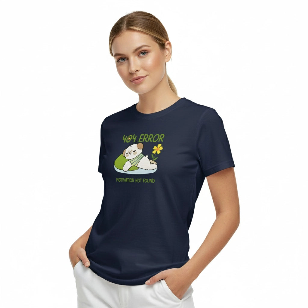 Woman wearing a navy blue t-shirt with a graphic design on a white background