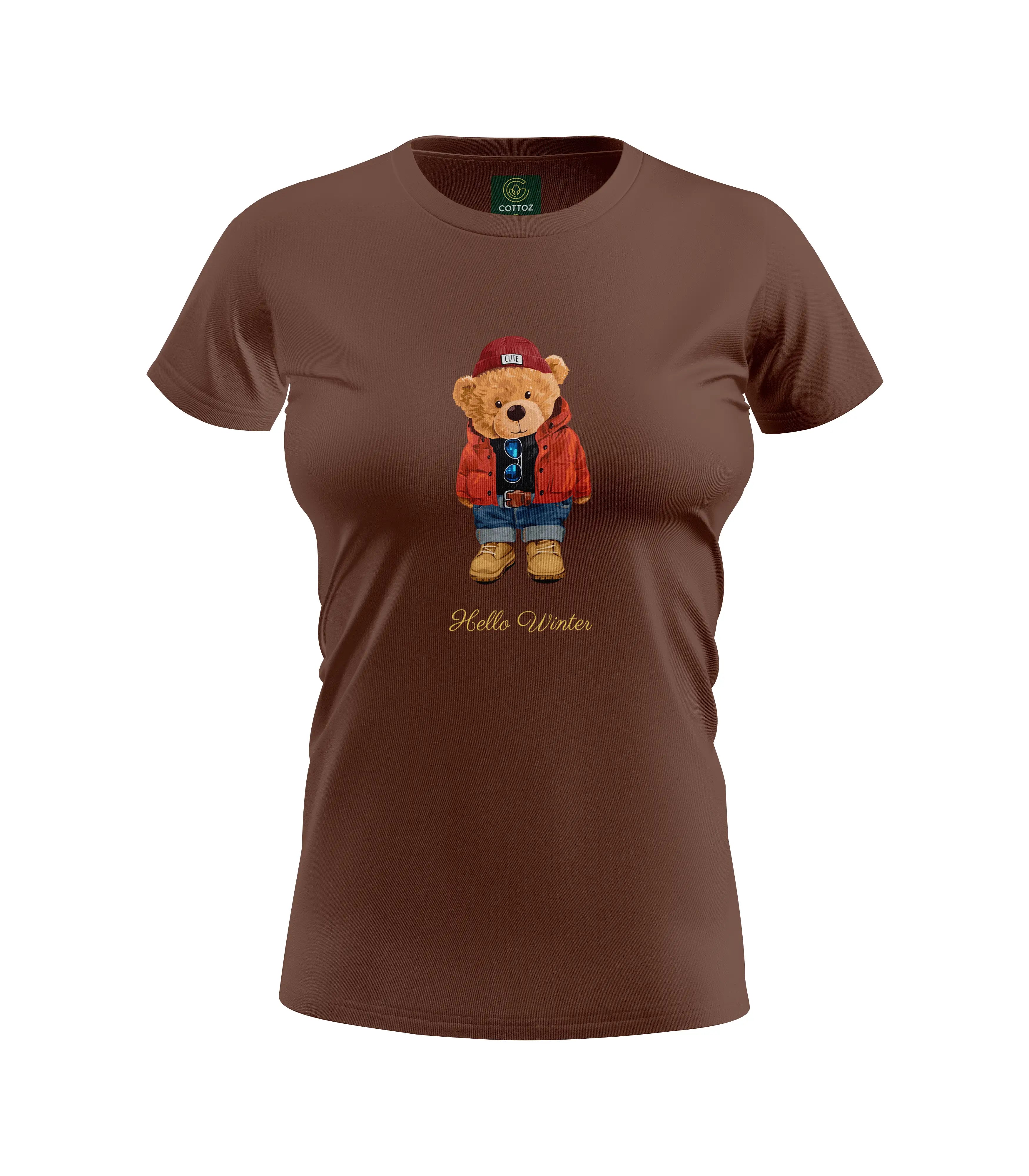 Brown t-shirt with a bear graphic and 'Hello Winter' text on a white background