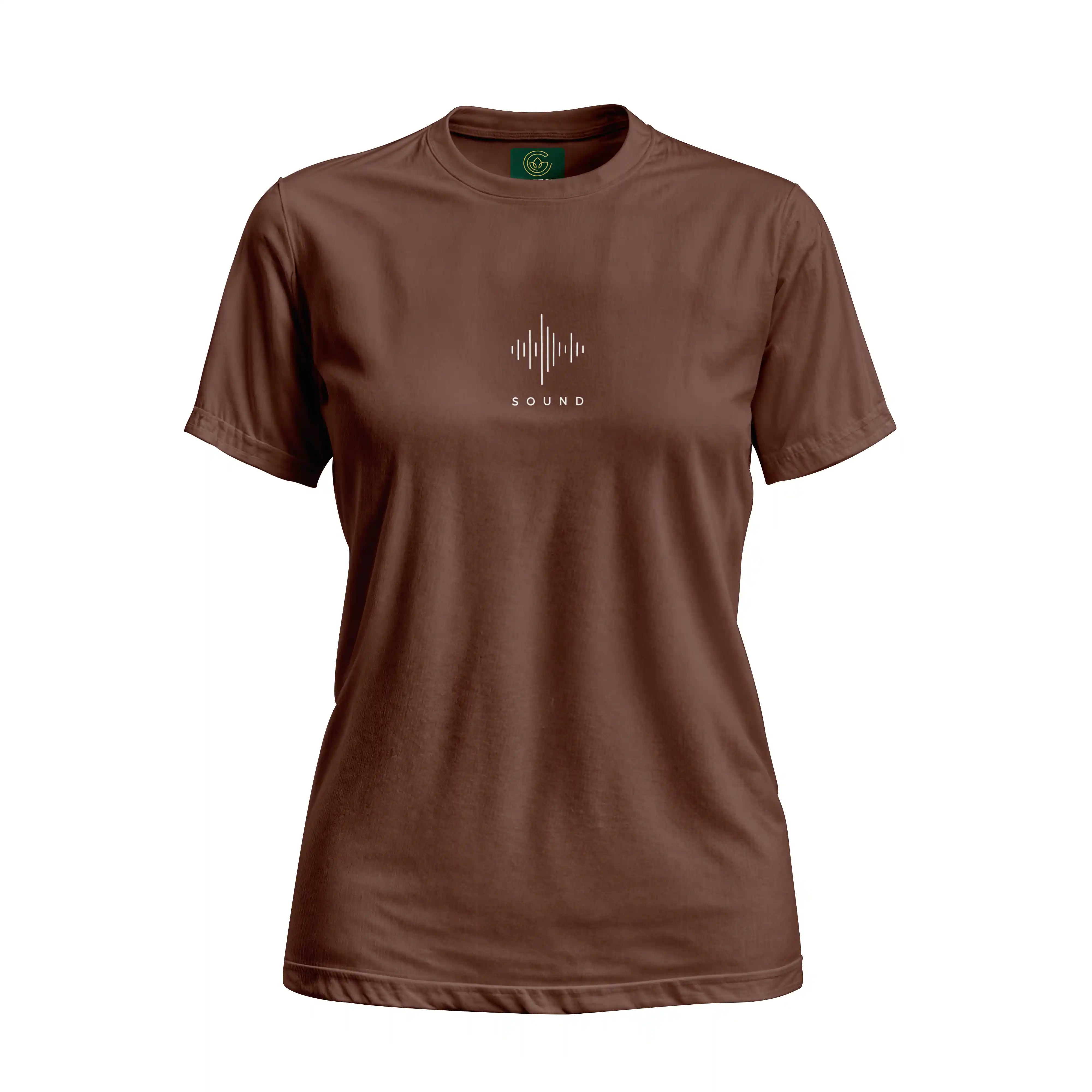 Brown t-shirt with a sound wave design and 'SOUND' text on a white background