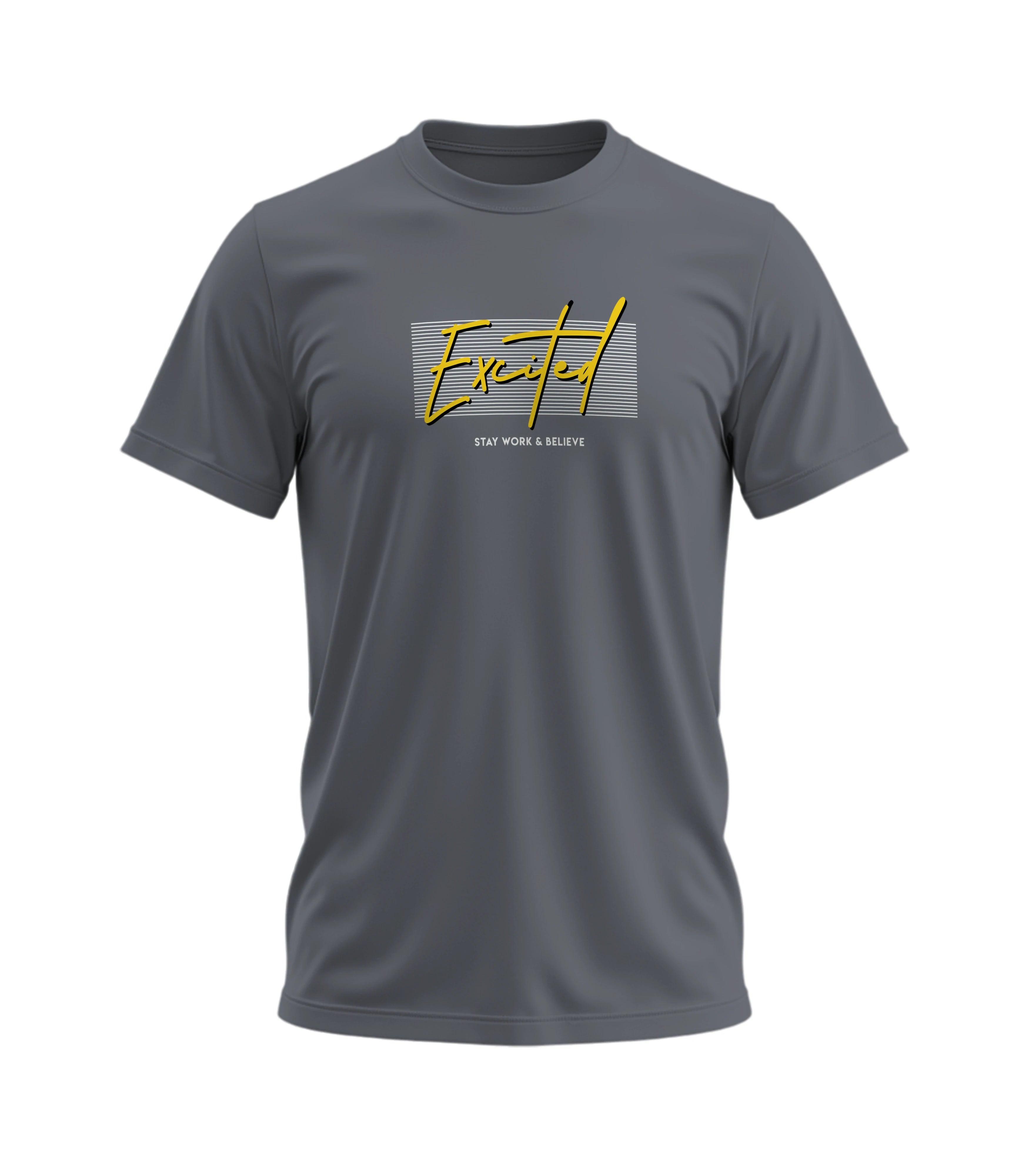 Gray t-shirt with yellow and white graphic design on a white background
