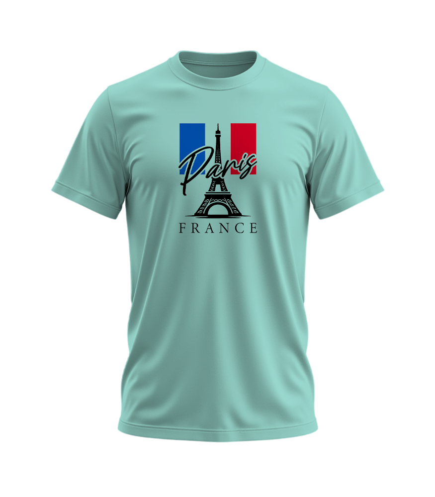 Light blue t-shirt with Paris and France design on a white background