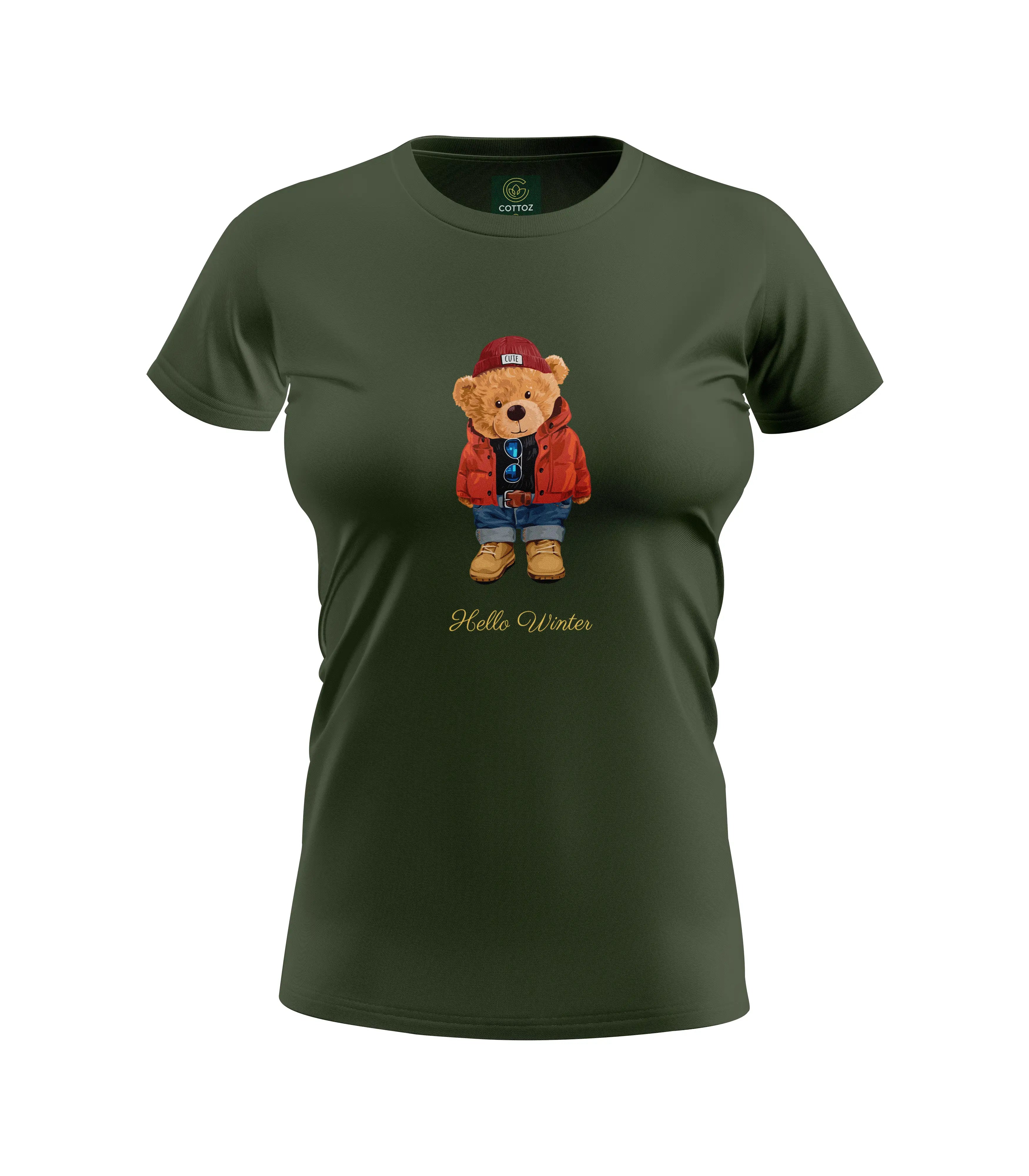 Green t-shirt with a bear graphic and 'Hello Winter' text on a white background