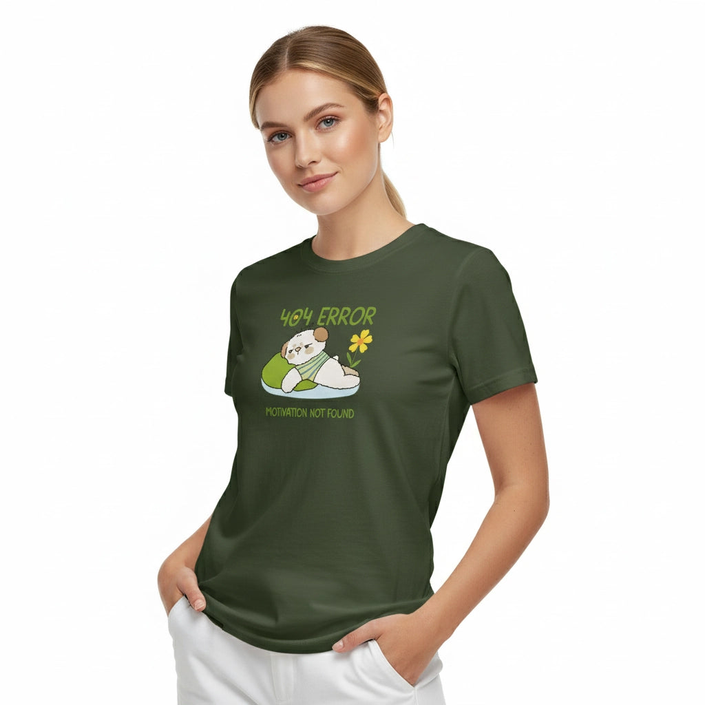 Woman wearing a green t-shirt with a graphic design on a white background