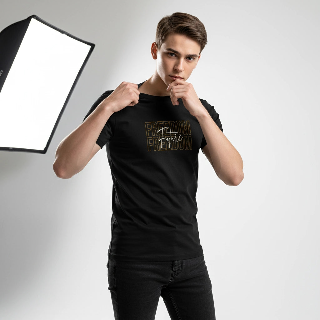 Person wearing a black t-shirt with text, standing in front of studio lighting equipment.