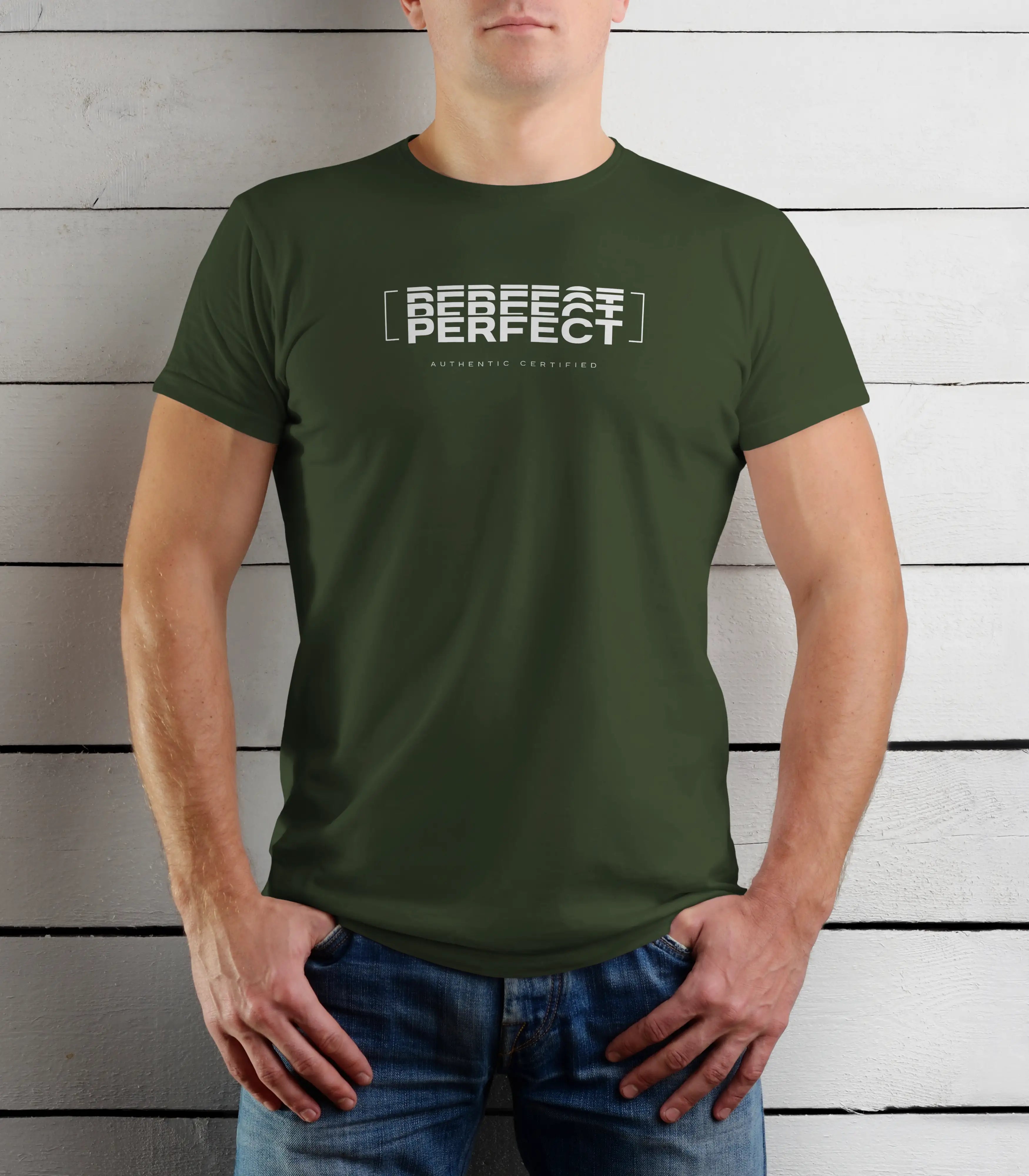 Person wearing a green t-shirt with text against a wooden background