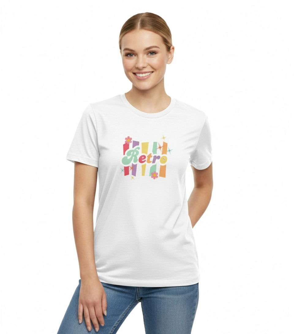 Woman wearing a white t-shirt with colorful text design on a white background