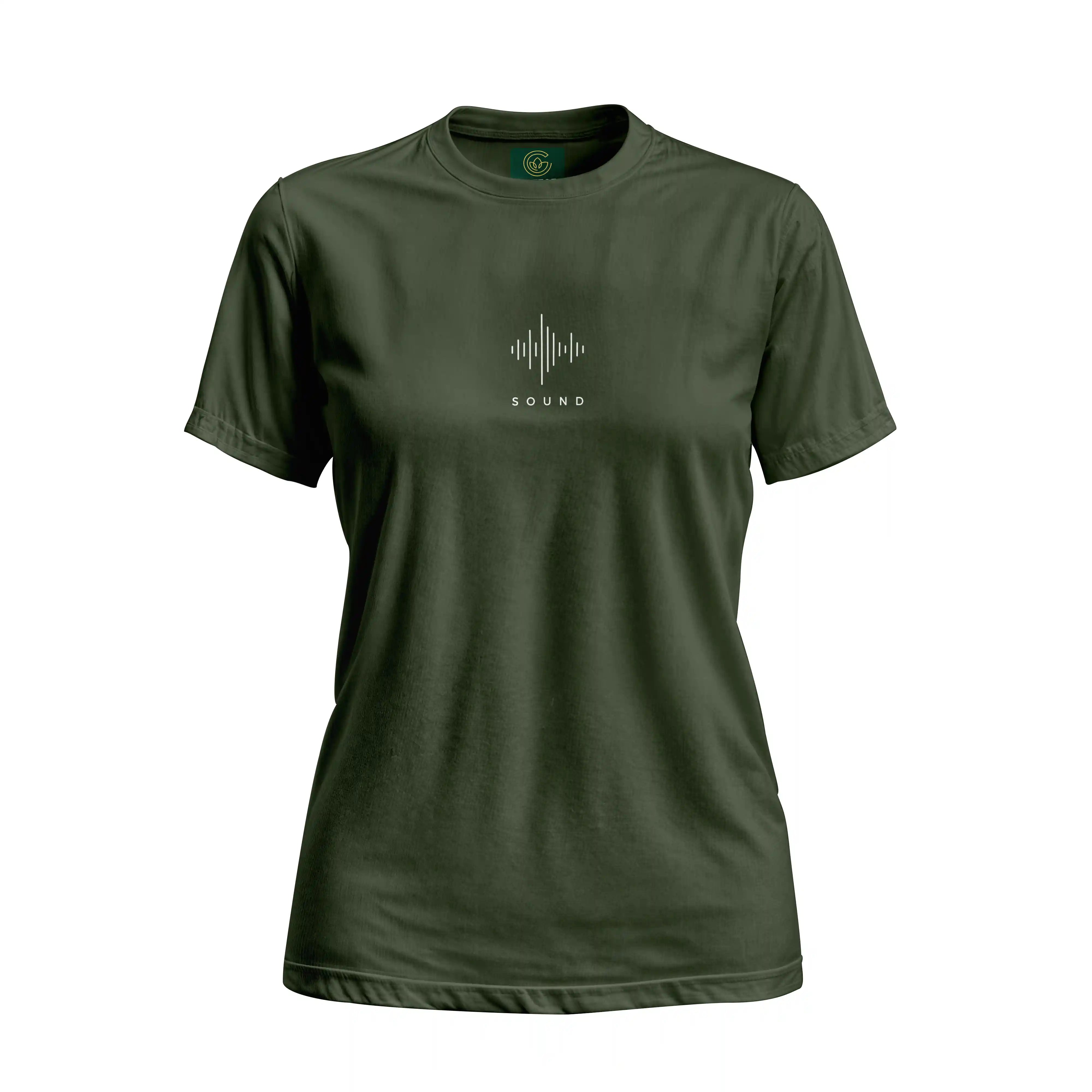 Green t-shirt with a sound wave design and 'SOUND' text on a white background
