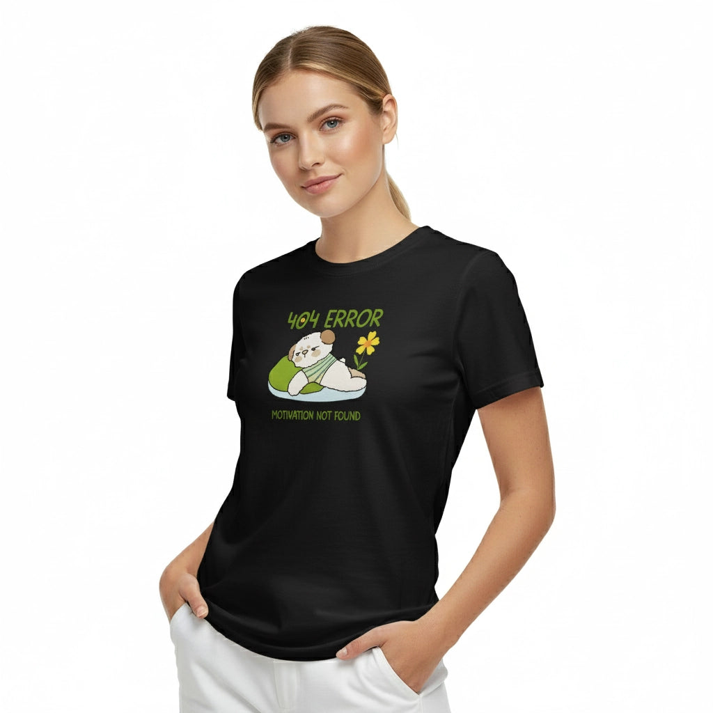 Woman wearing a black t-shirt with a graphic design on a white background