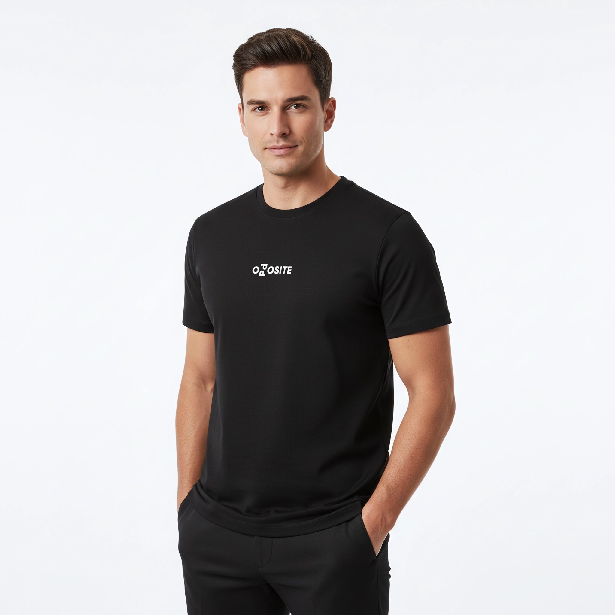 Man wearing a black t-shirt with a logo on a white background