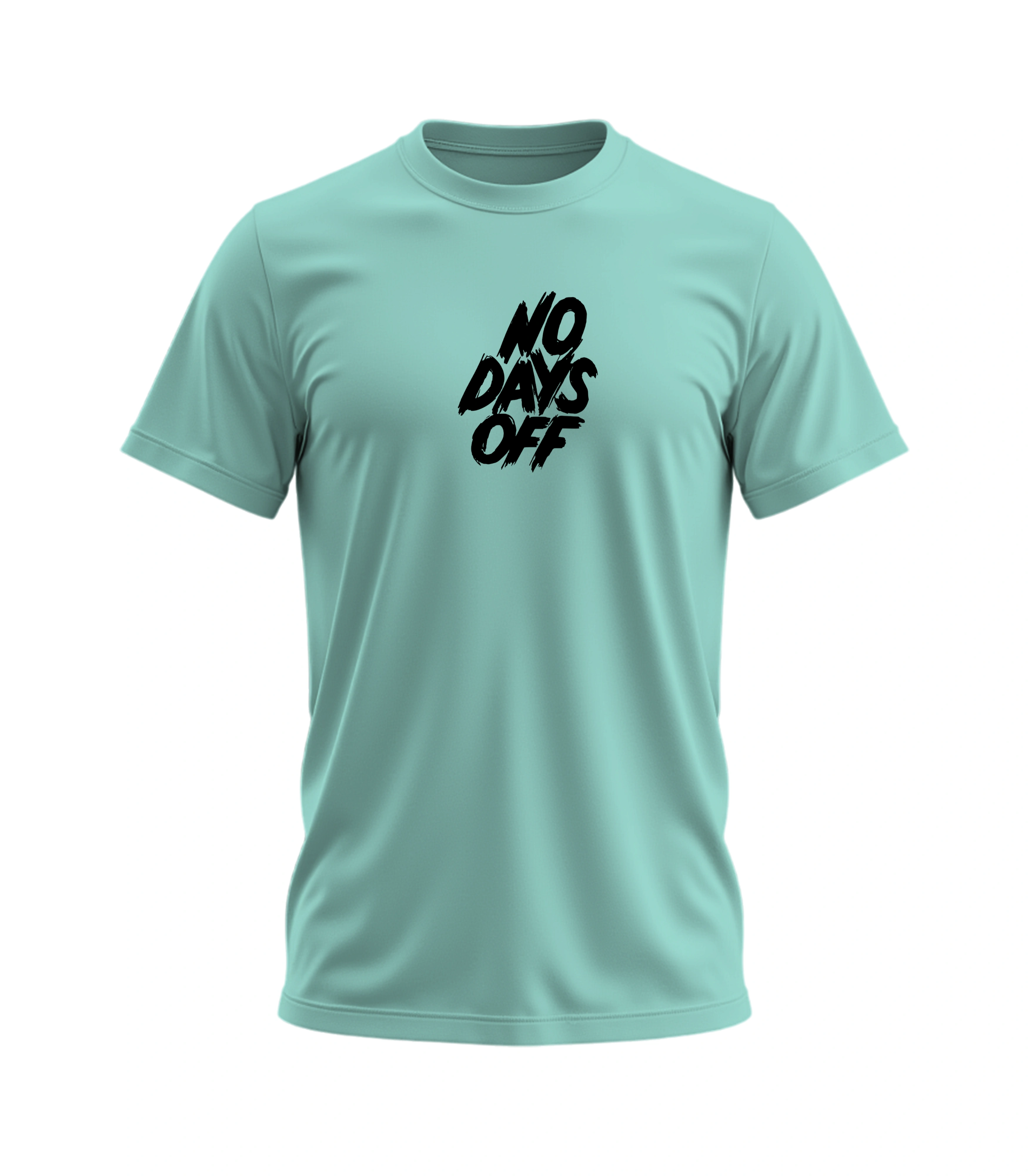 Light blue t-shirt with 'NO DAYS OFF' text on a white background