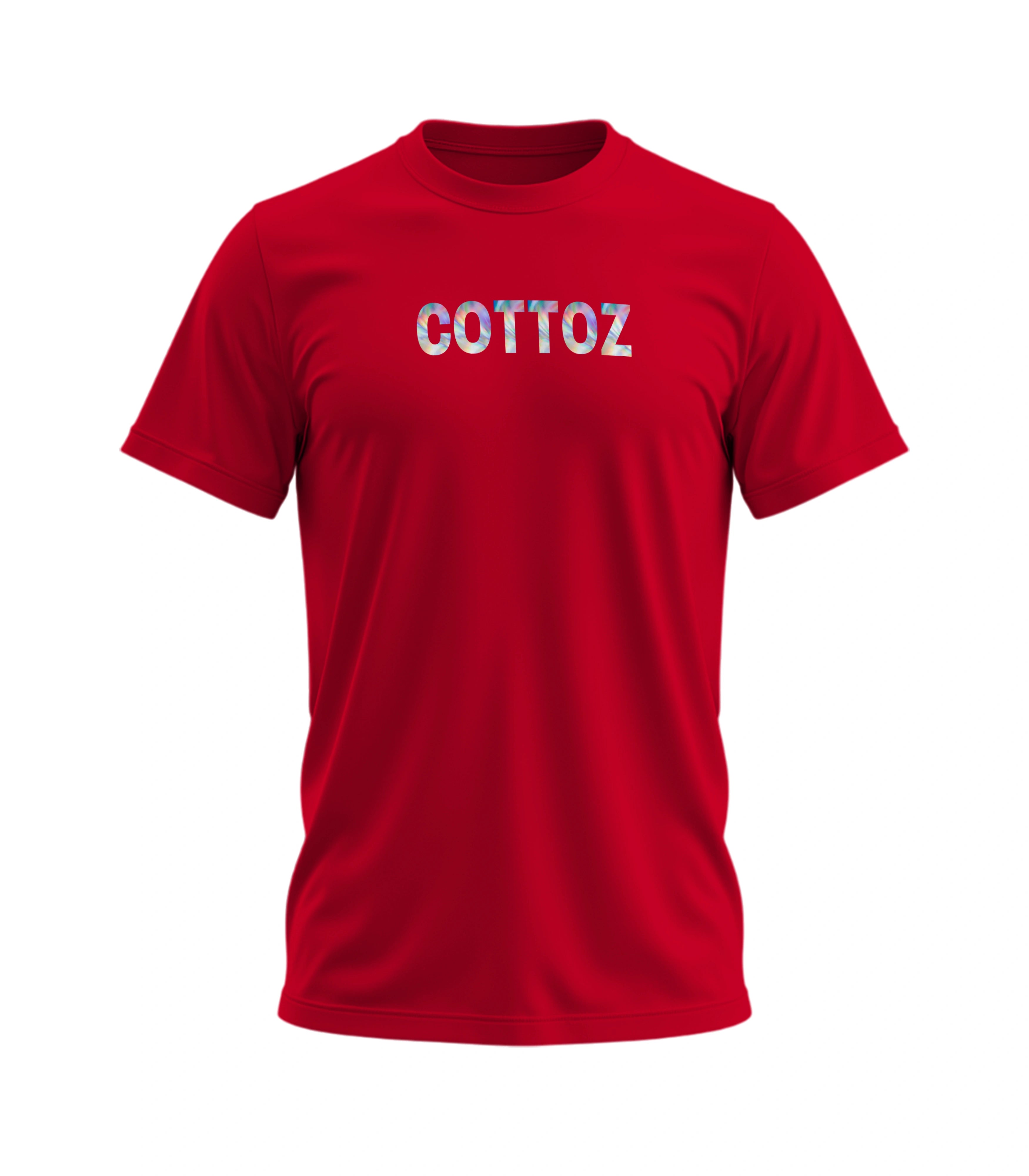Red t-shirt with 'COTTOZ' text on a white background
