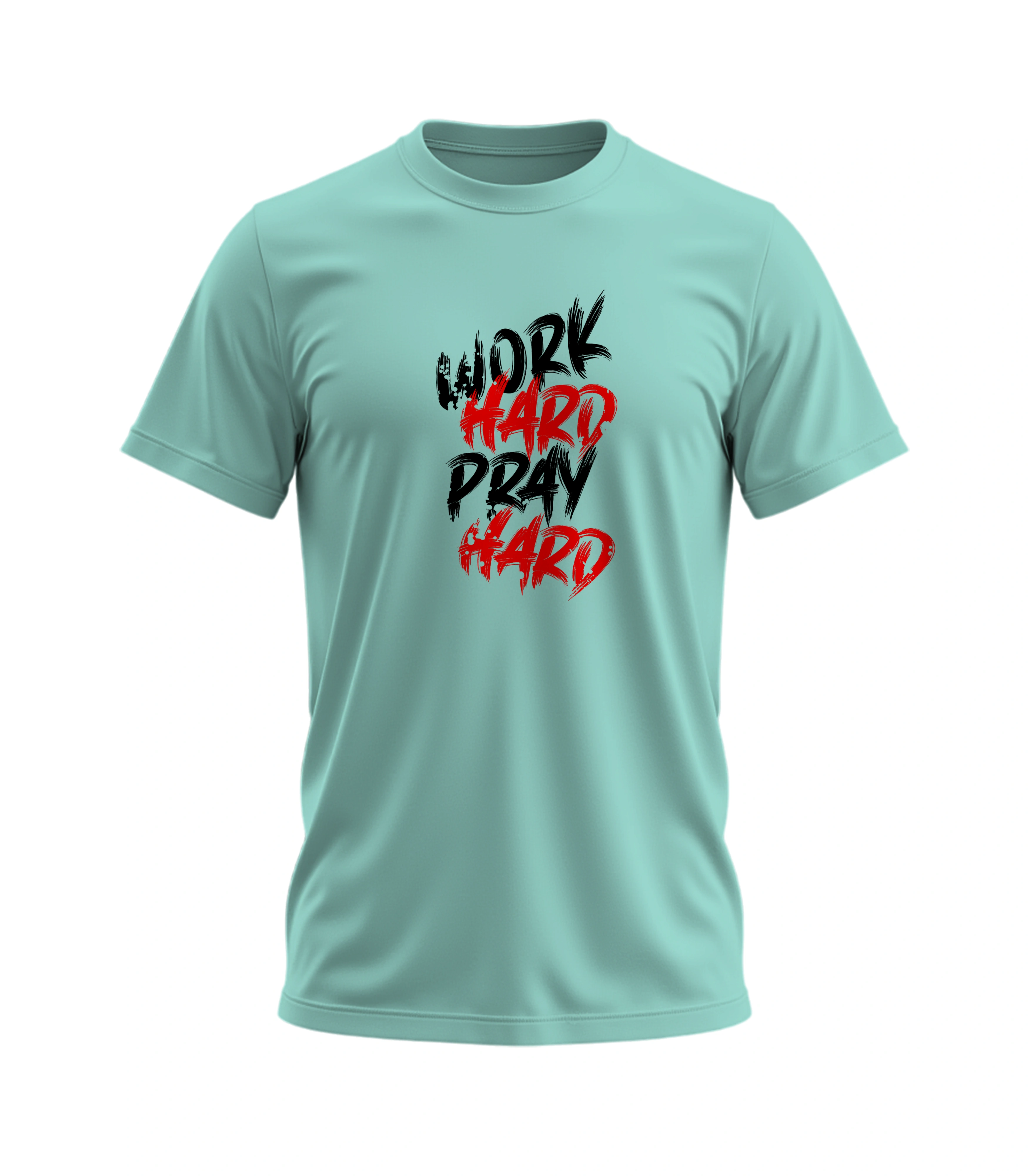 Light blue t-shirt with 'Work Hard Pray Hard' text in black and red on a white background