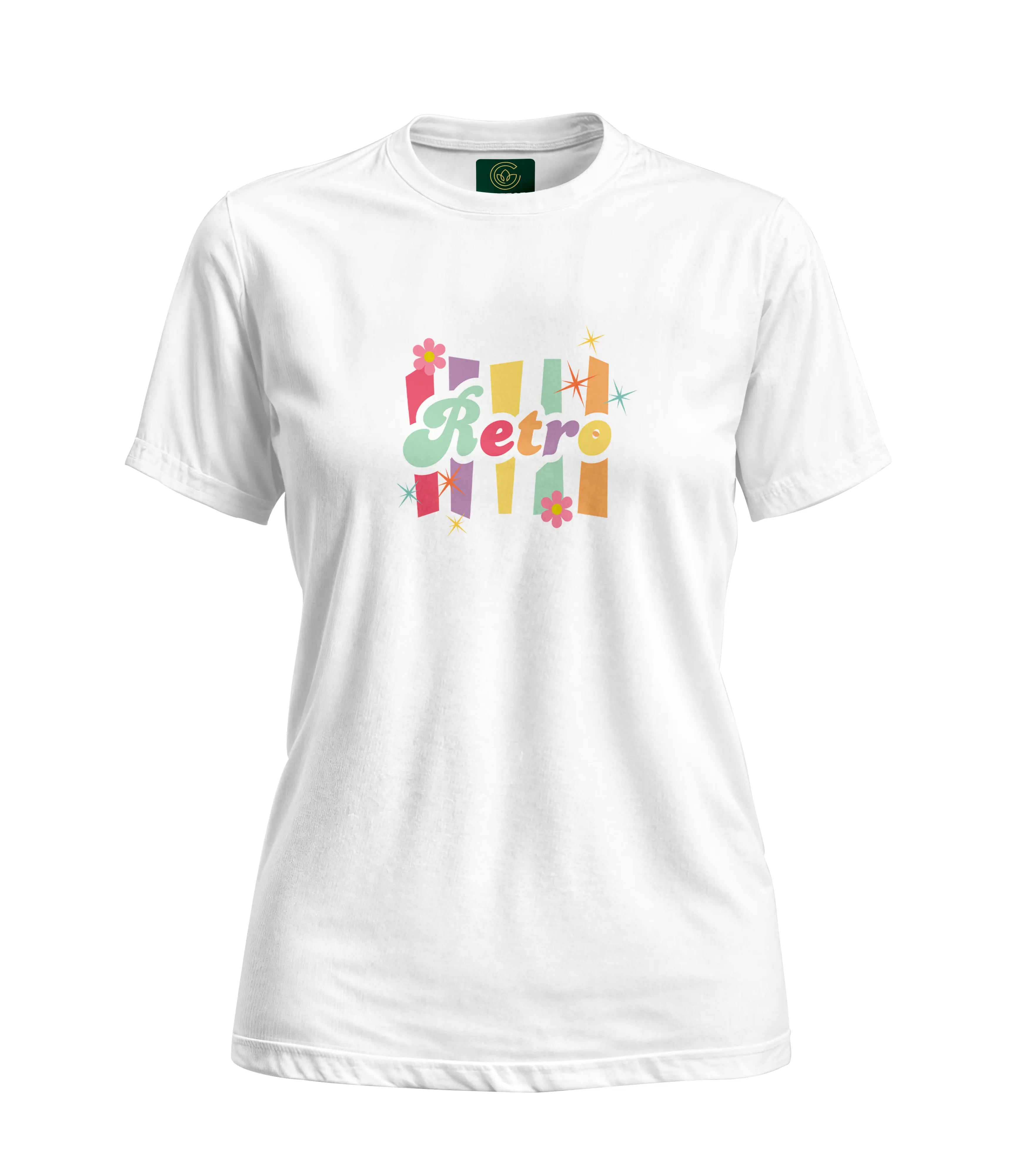 White t-shirt with colorful 'Retro' design on a white background