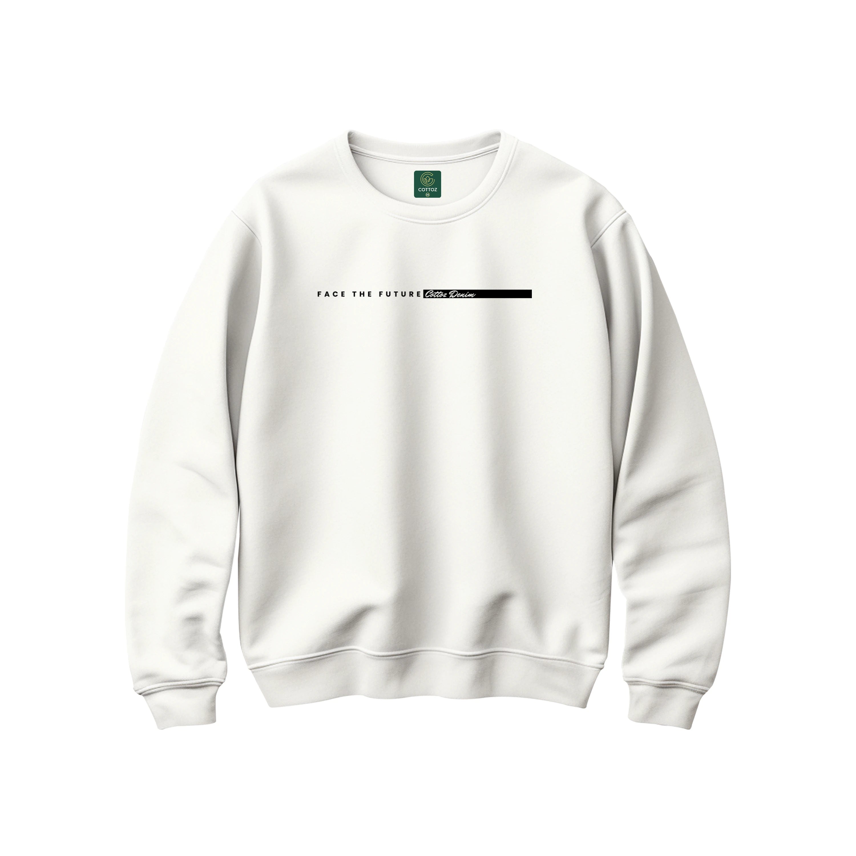 White sweatshirt with text on a white background