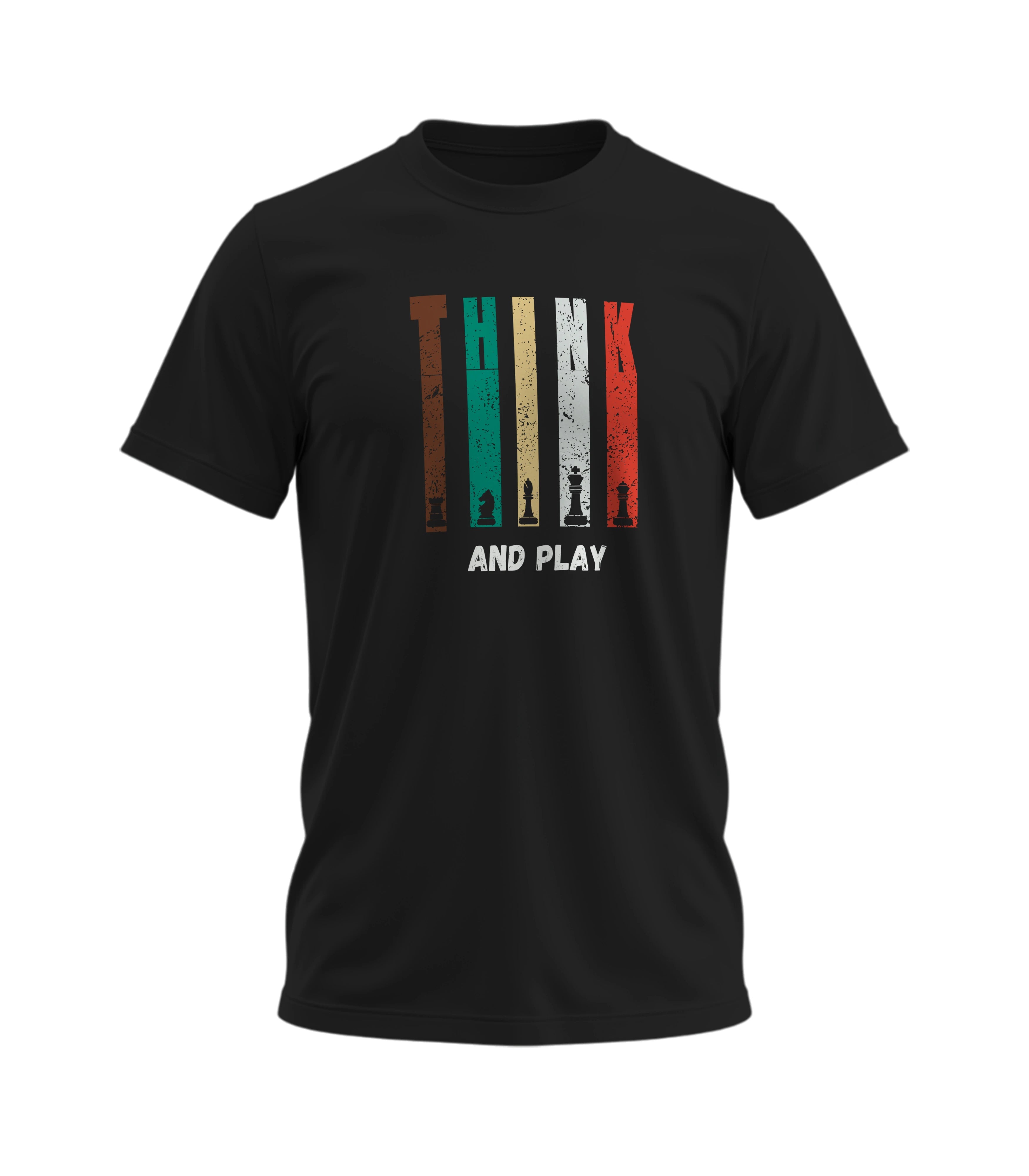Black t-shirt with colorful graphic design and text on a white background