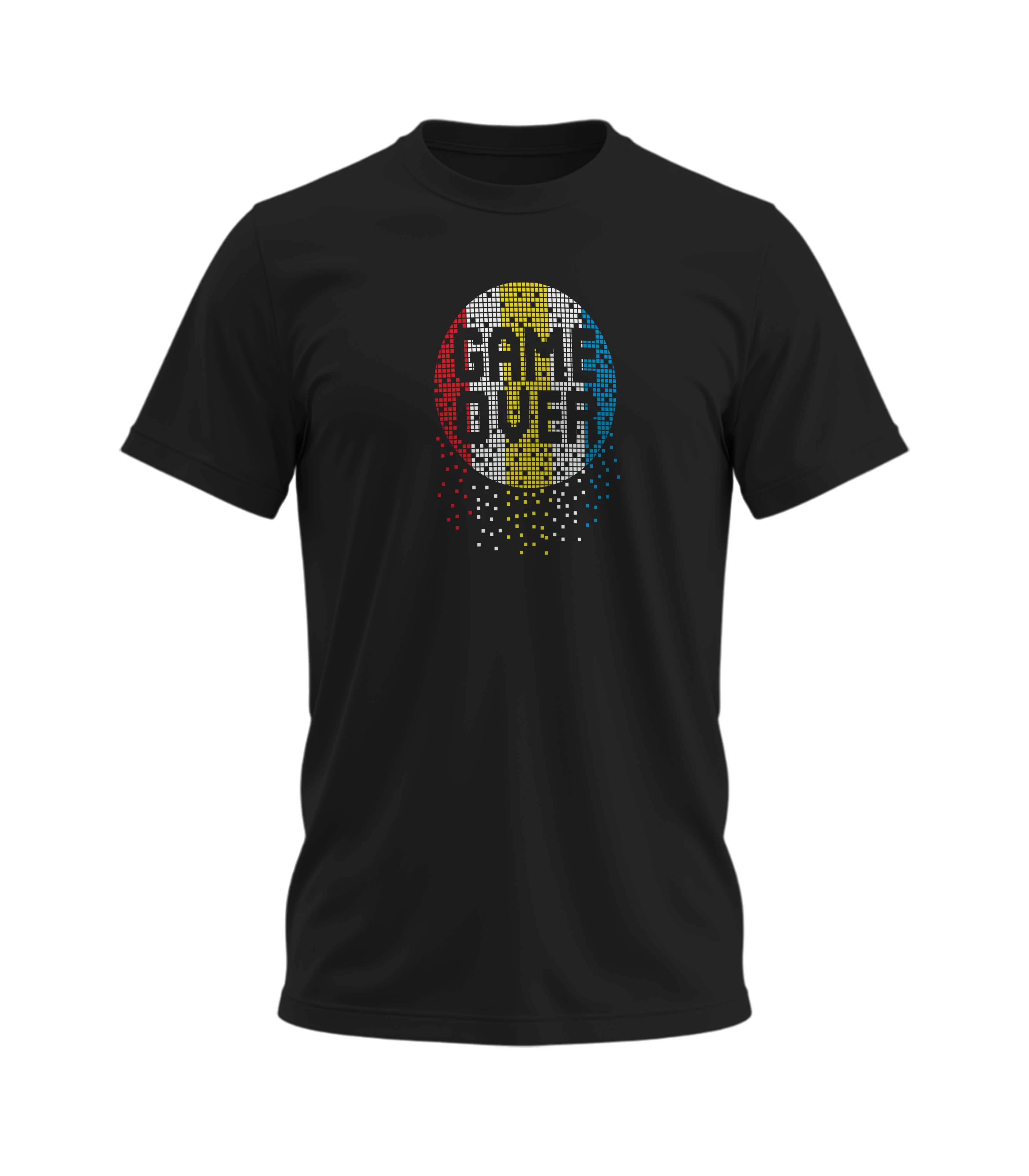 Black t-shirt with 'GAME OVER' text in colorful pixel style on a white background