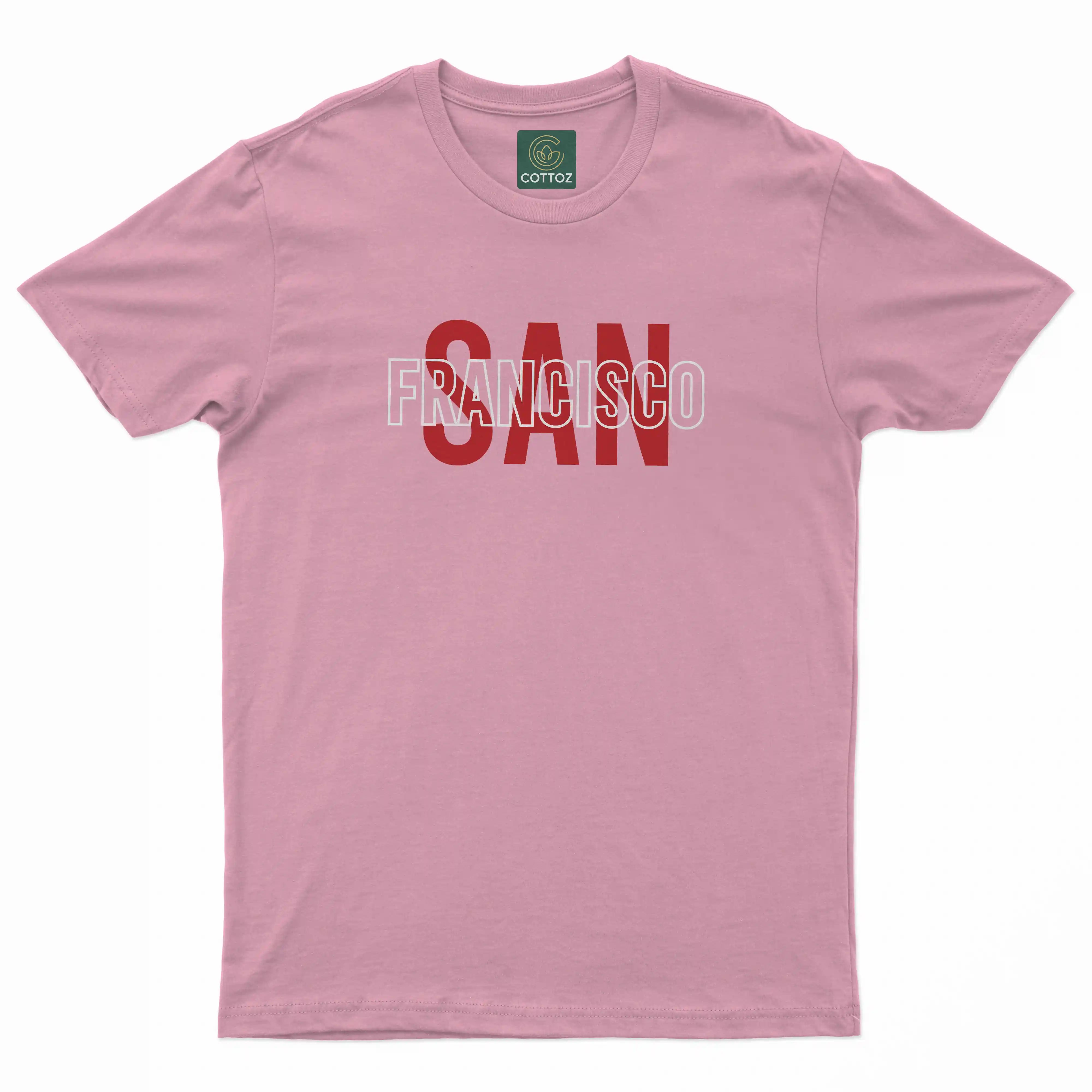 Pink t-shirt with 'Francisco' printed on it against a white background